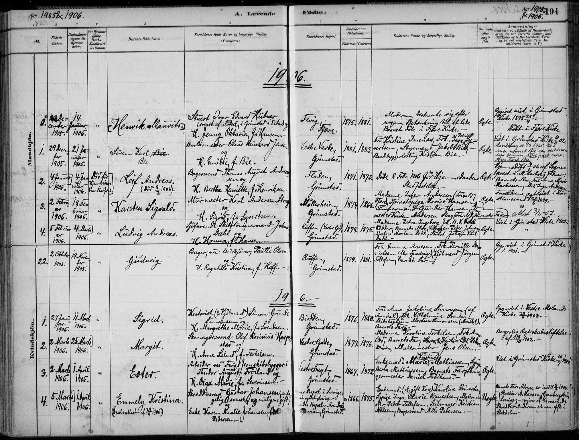 Grimstad sokneprestkontor, SAK/1111-0017/F/Fa/L0003: Parish register (official) no. A 2, 1882-1912, p. 194