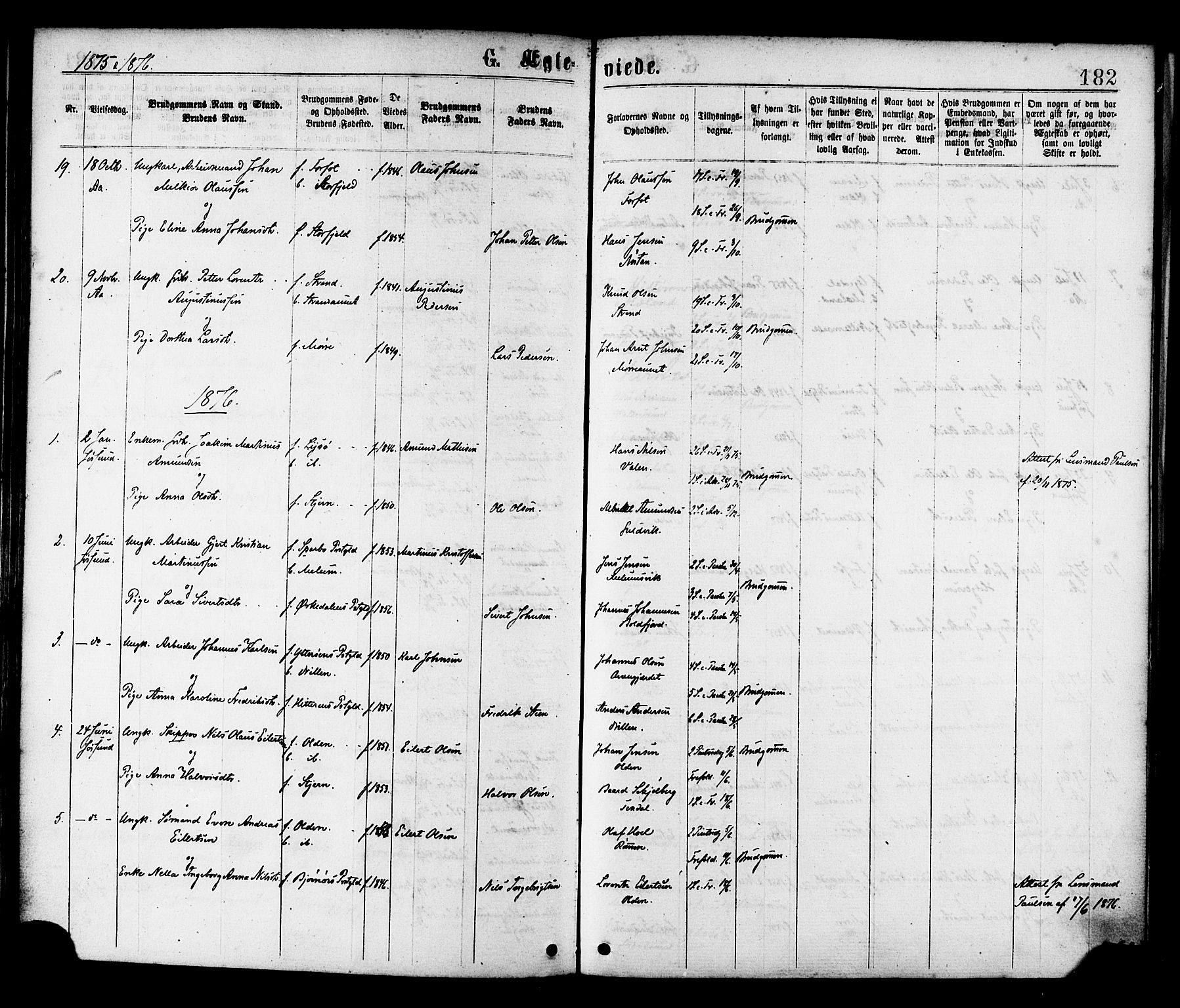 Ministerialprotokoller, klokkerbøker og fødselsregistre - Sør-Trøndelag, SAT/A-1456/655/L0679: Parish register (official) no. 655A08, 1873-1879, p. 182
