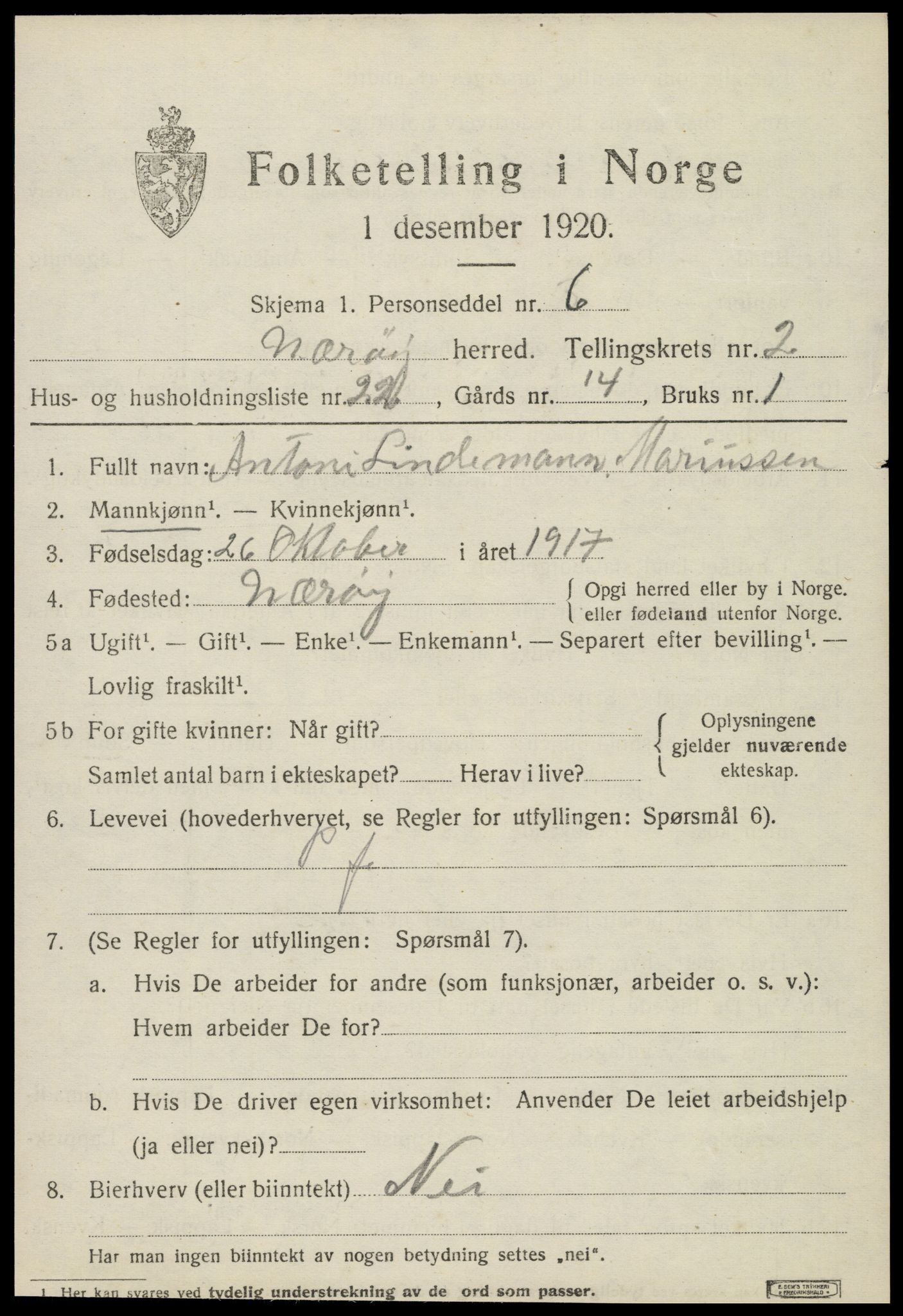 SAT, 1920 census for Nærøy, 1920, p. 1519