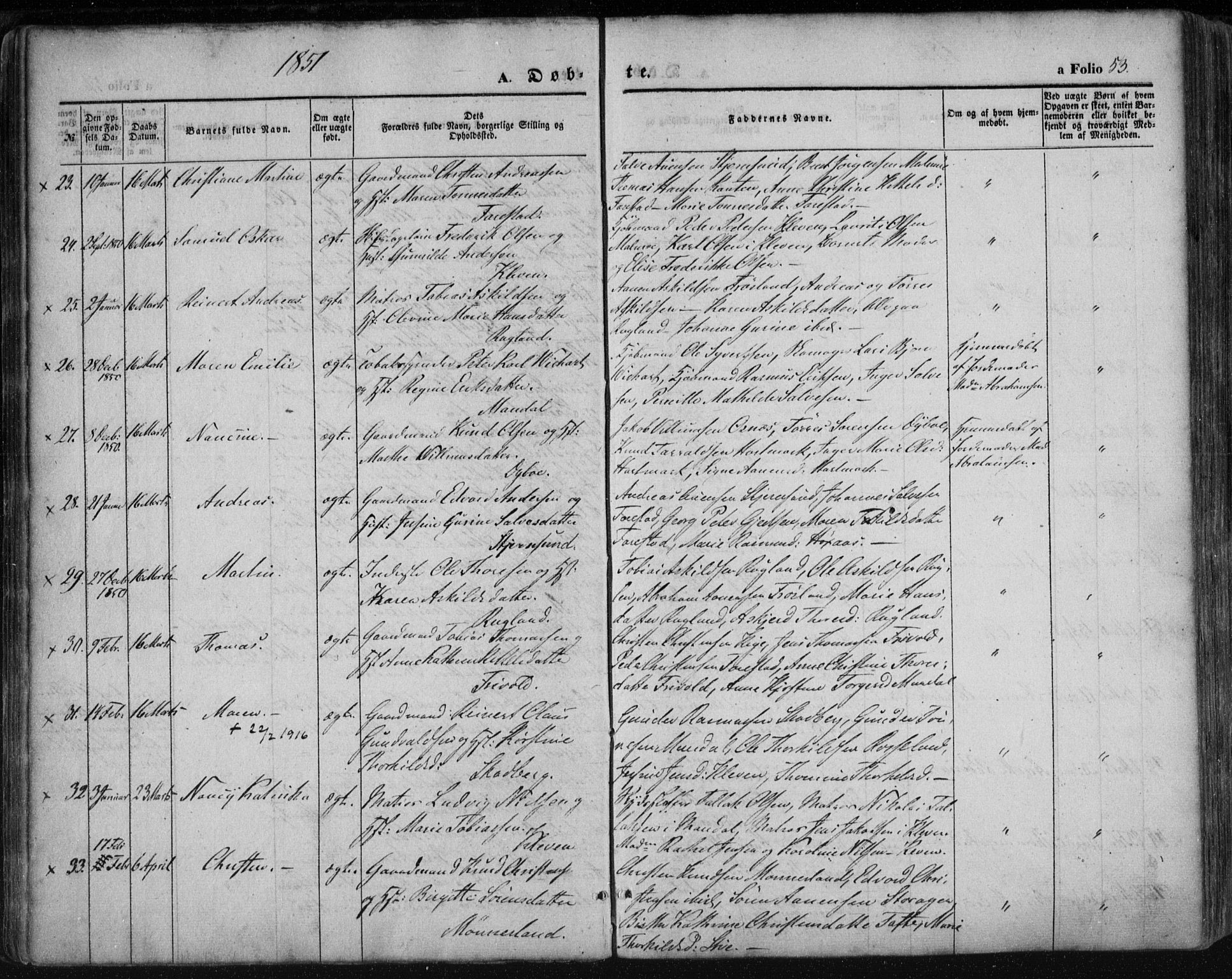 Mandal sokneprestkontor, AV/SAK-1111-0030/F/Fa/Faa/L0013: Parish register (official) no. A 13, 1847-1859, p. 53