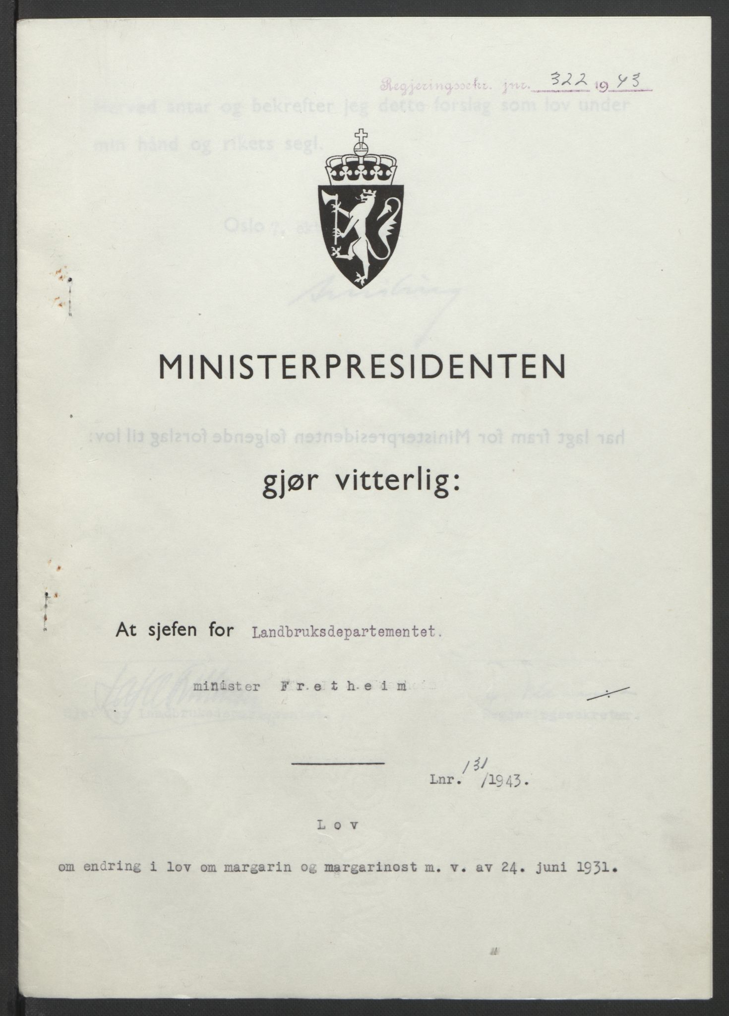 NS-administrasjonen 1940-1945 (Statsrådsekretariatet, de kommisariske statsråder mm), RA/S-4279/D/Db/L0099: Lover, 1943, p. 612
