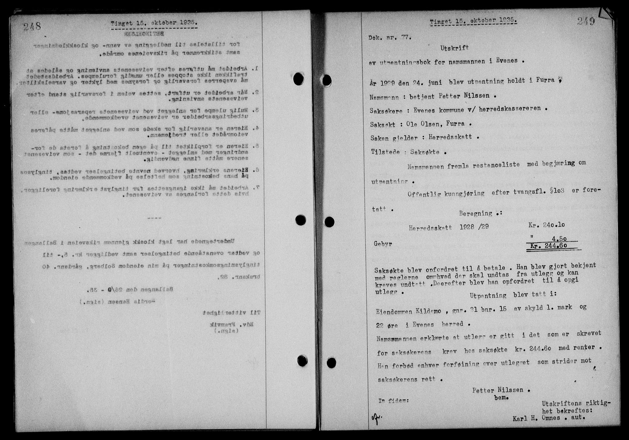 Steigen og Ofoten sorenskriveri, SAT/A-0030/1/2/2C/L0026: Mortgage book no. 30, 1935-1936, Deed date: 15.10.1935