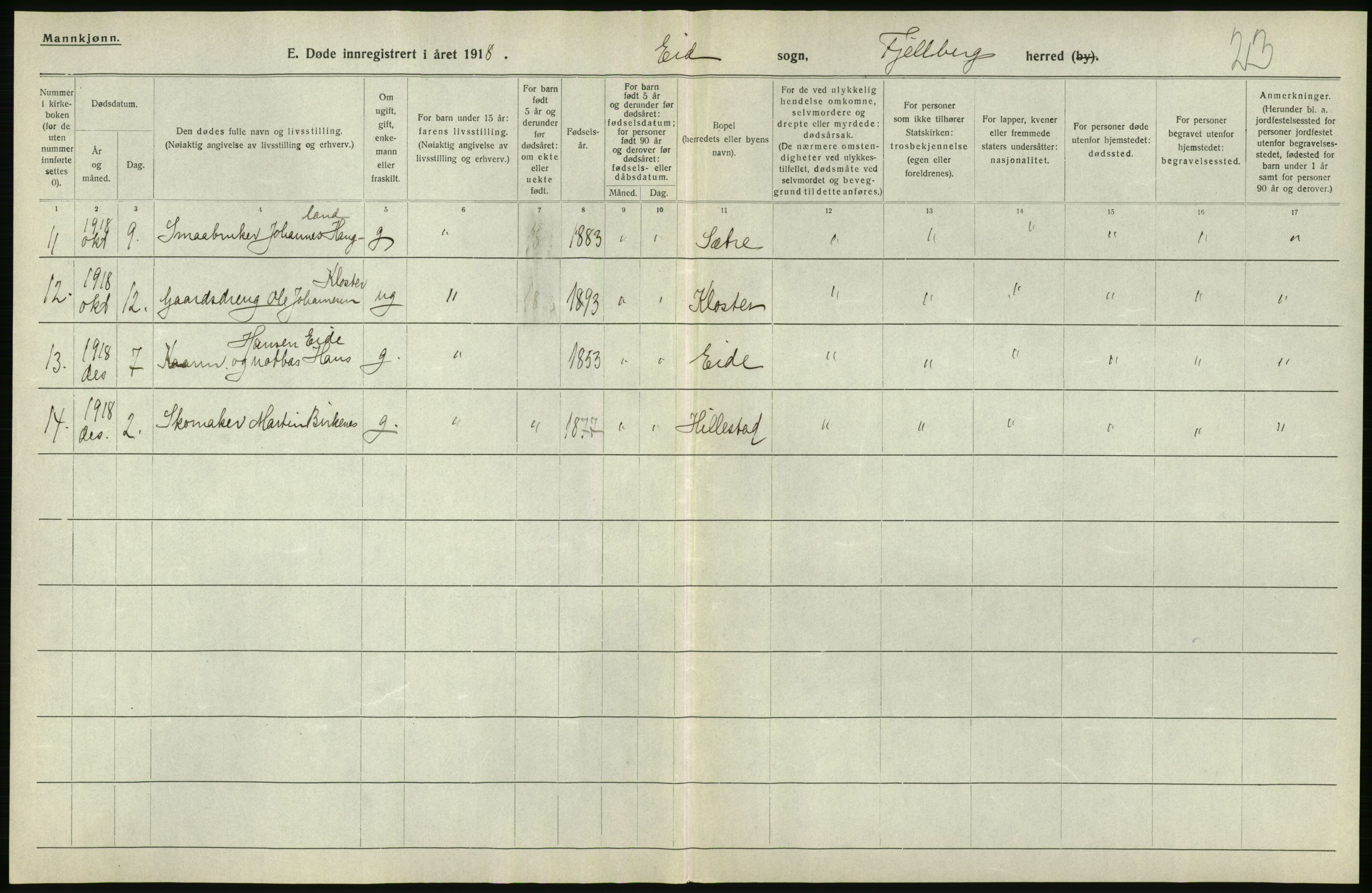 Statistisk sentralbyrå, Sosiodemografiske emner, Befolkning, AV/RA-S-2228/D/Df/Dfb/Dfbh/L0036: Hordaland fylke: Døde., 1918, p. 40