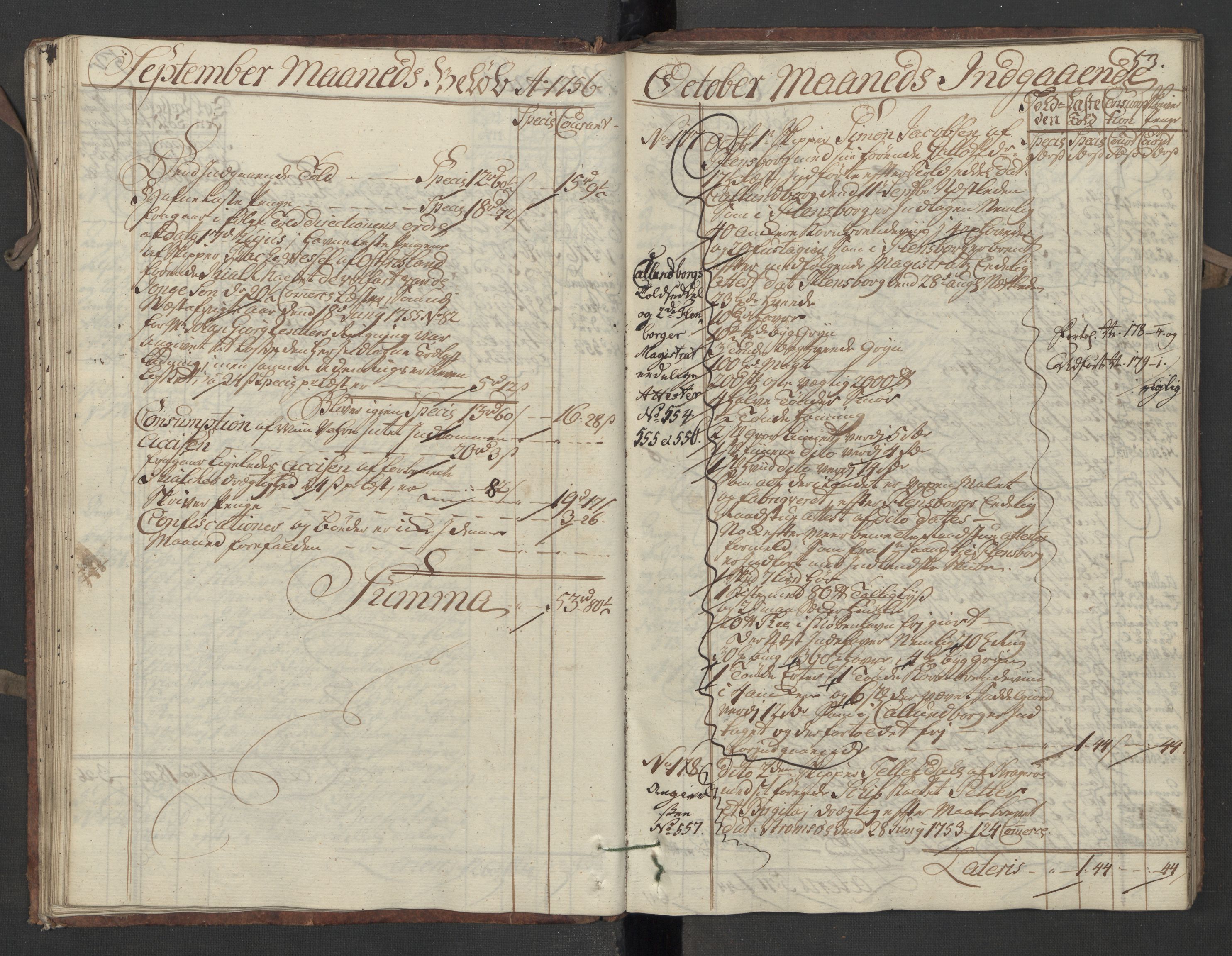 Generaltollkammeret, tollregnskaper, AV/RA-EA-5490/R13/L0020/0001: Tollregnskaper Kragerø / Inngående hovedtollbok, 1756, p. 52b-53a