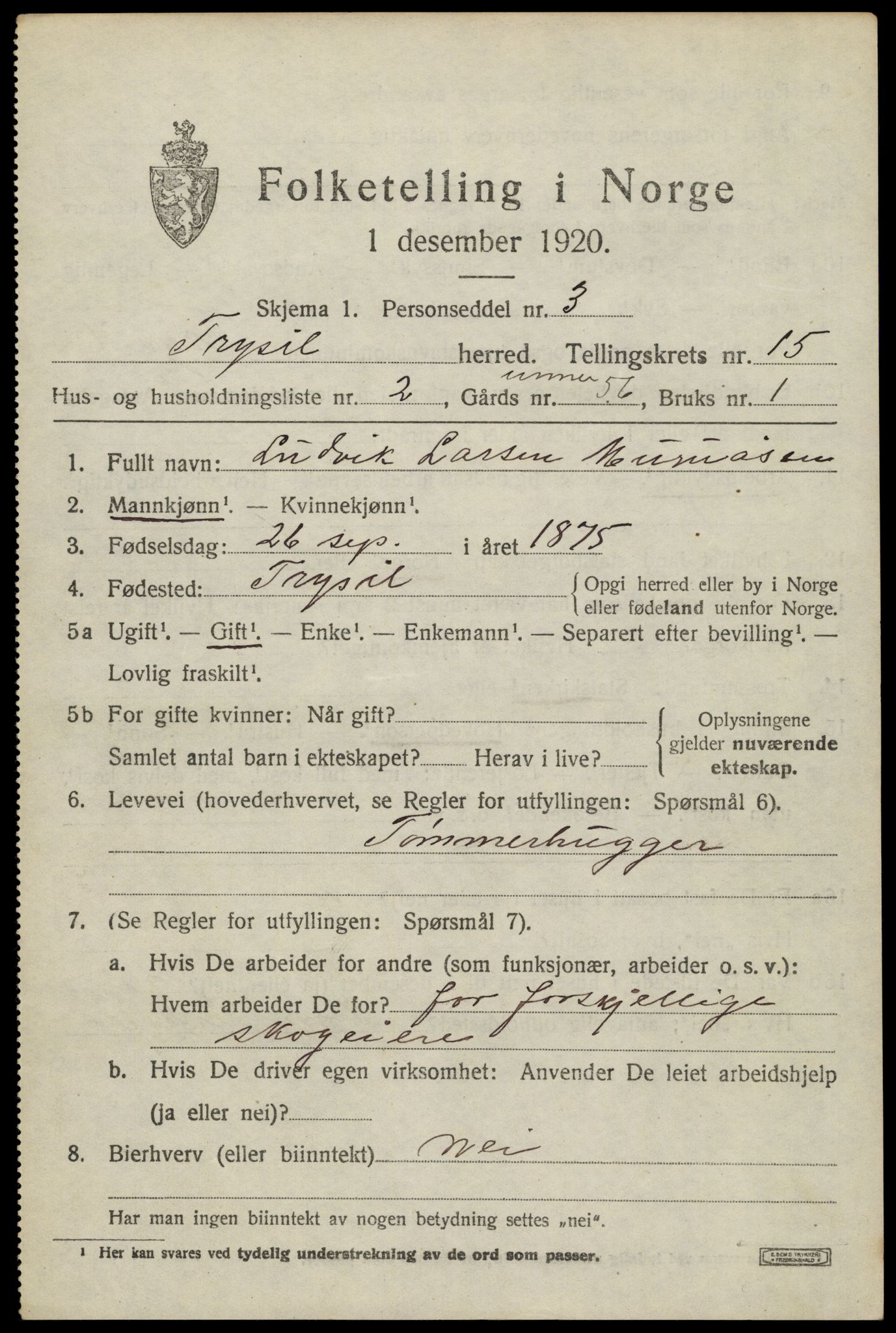SAH, 1920 census for Trysil, 1920, p. 8801