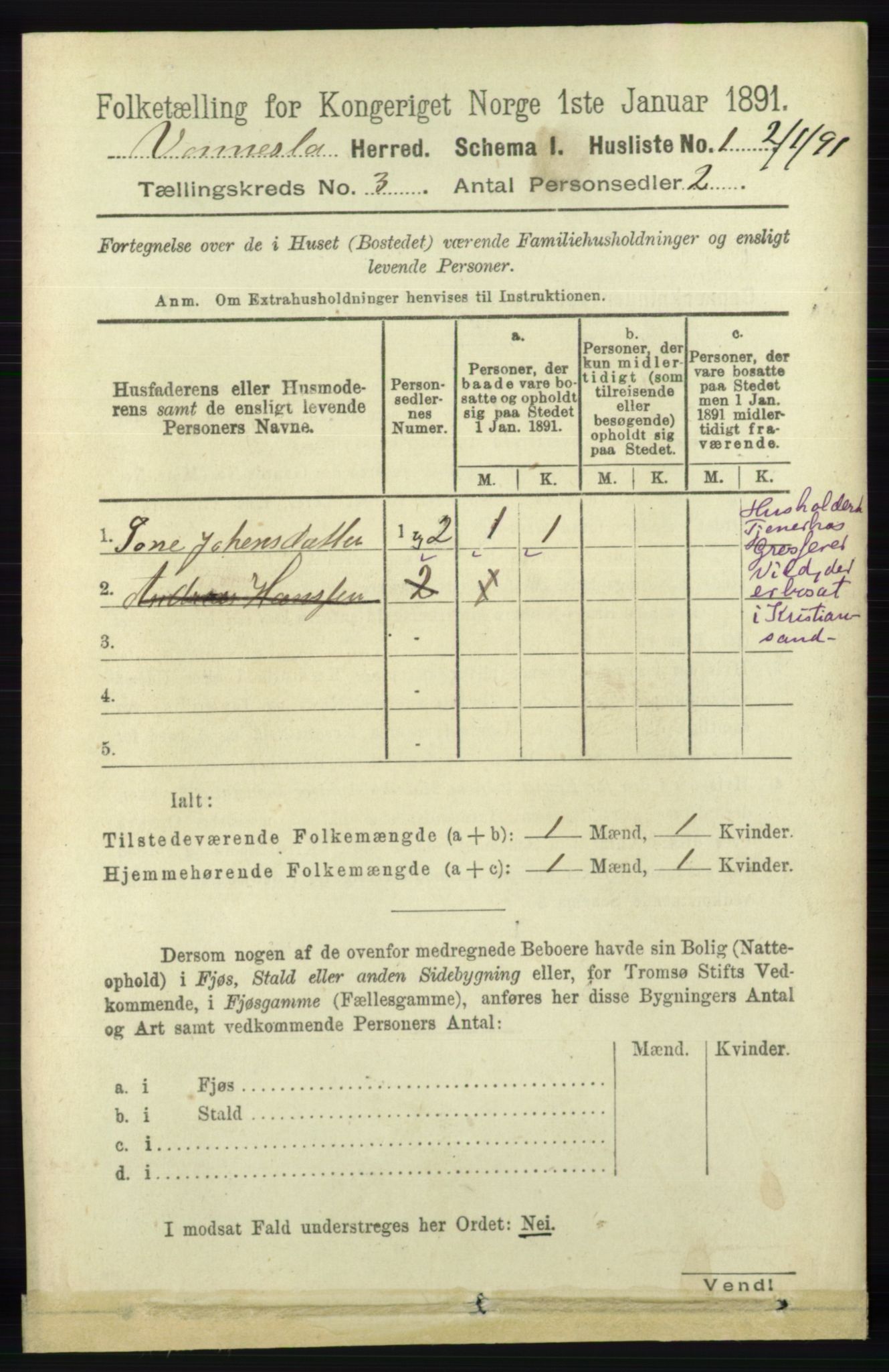 RA, 1891 census for 1014 Vennesla, 1891, p. 608