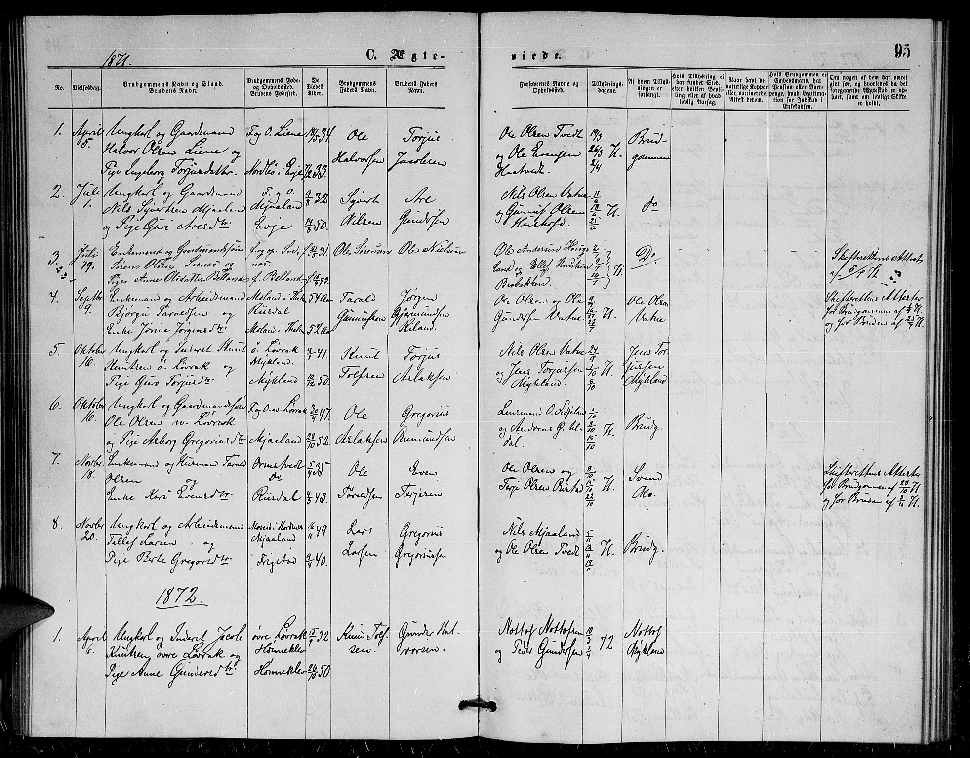 Herefoss sokneprestkontor, AV/SAK-1111-0019/F/Fa/Fac/L0001: Parish register (official) no. A 1, 1871-1886, p. 95