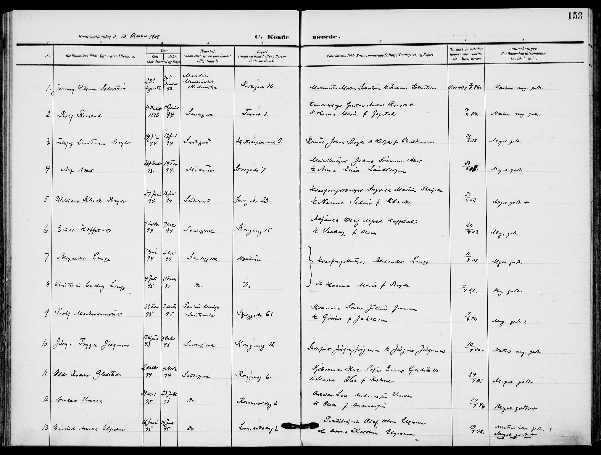 Sandefjord kirkebøker, AV/SAKO-A-315/F/Fa/L0005: Parish register (official) no. 5, 1906-1915, p. 153