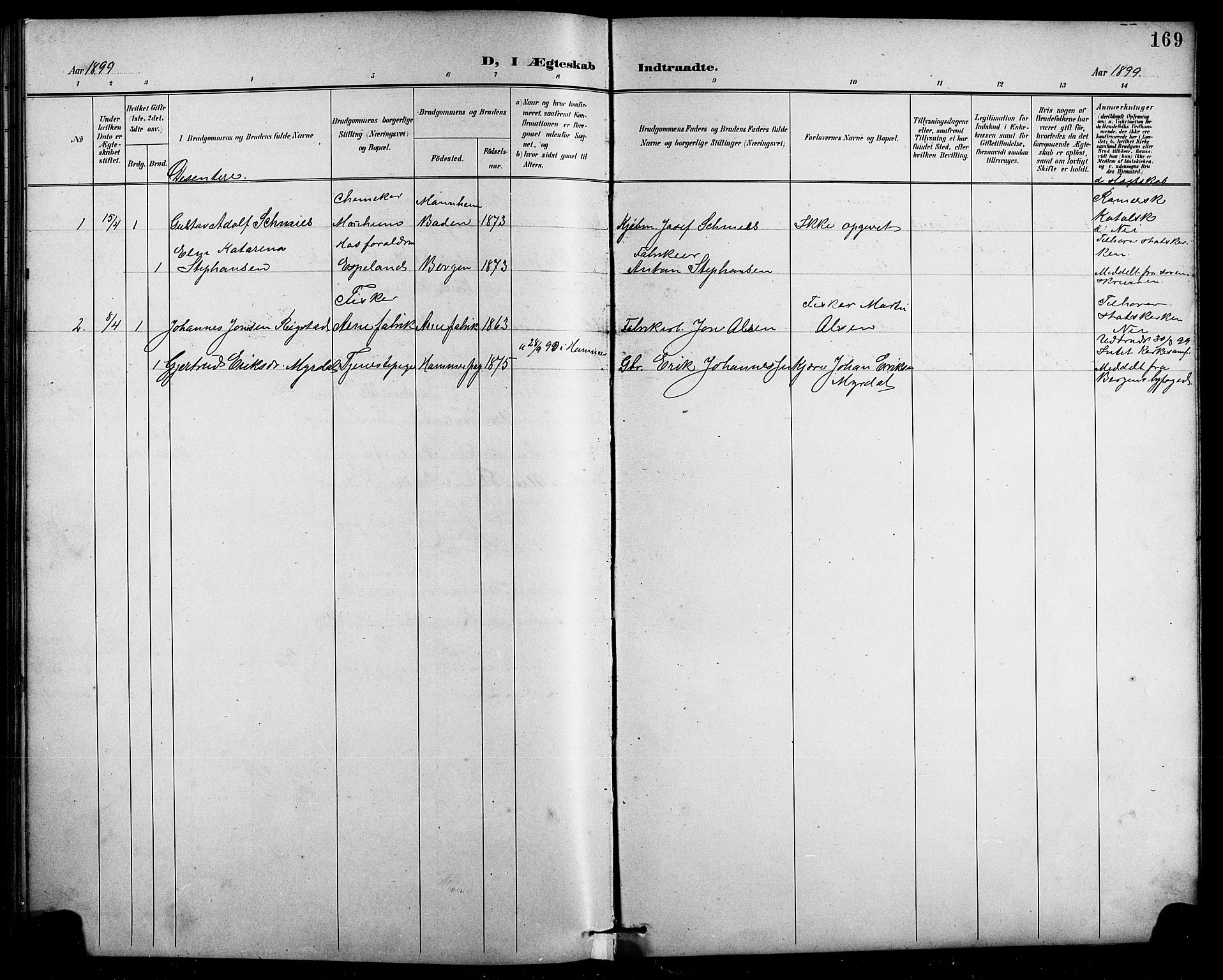 Arna Sokneprestembete, SAB/A-74001/H/Ha/Hab: Parish register (copy) no. A 4, 1898-1910, p. 169