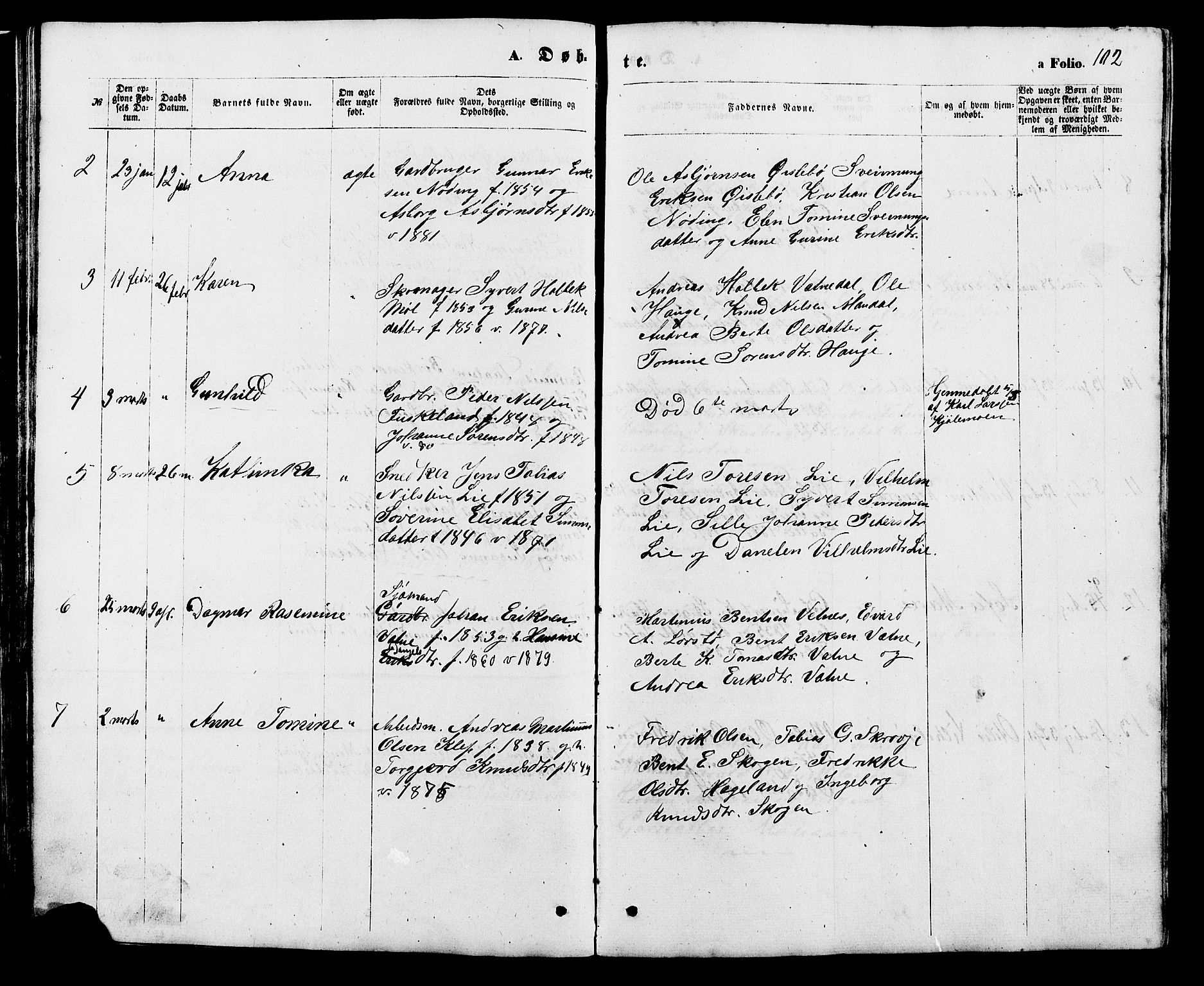 Holum sokneprestkontor, SAK/1111-0022/F/Fb/Fba/L0004: Parish register (copy) no. B 4, 1867-1890, p. 102