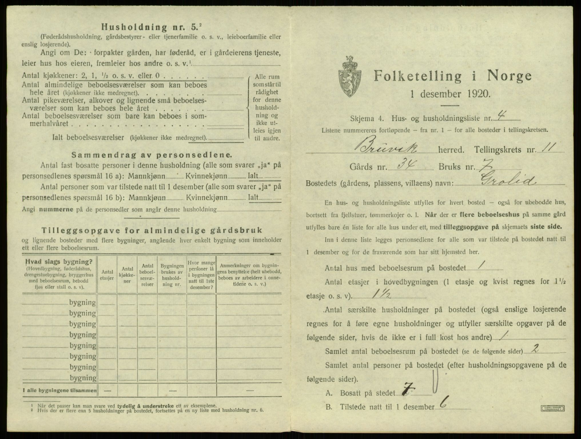 SAB, 1920 census for Bruvik, 1920, p. 829