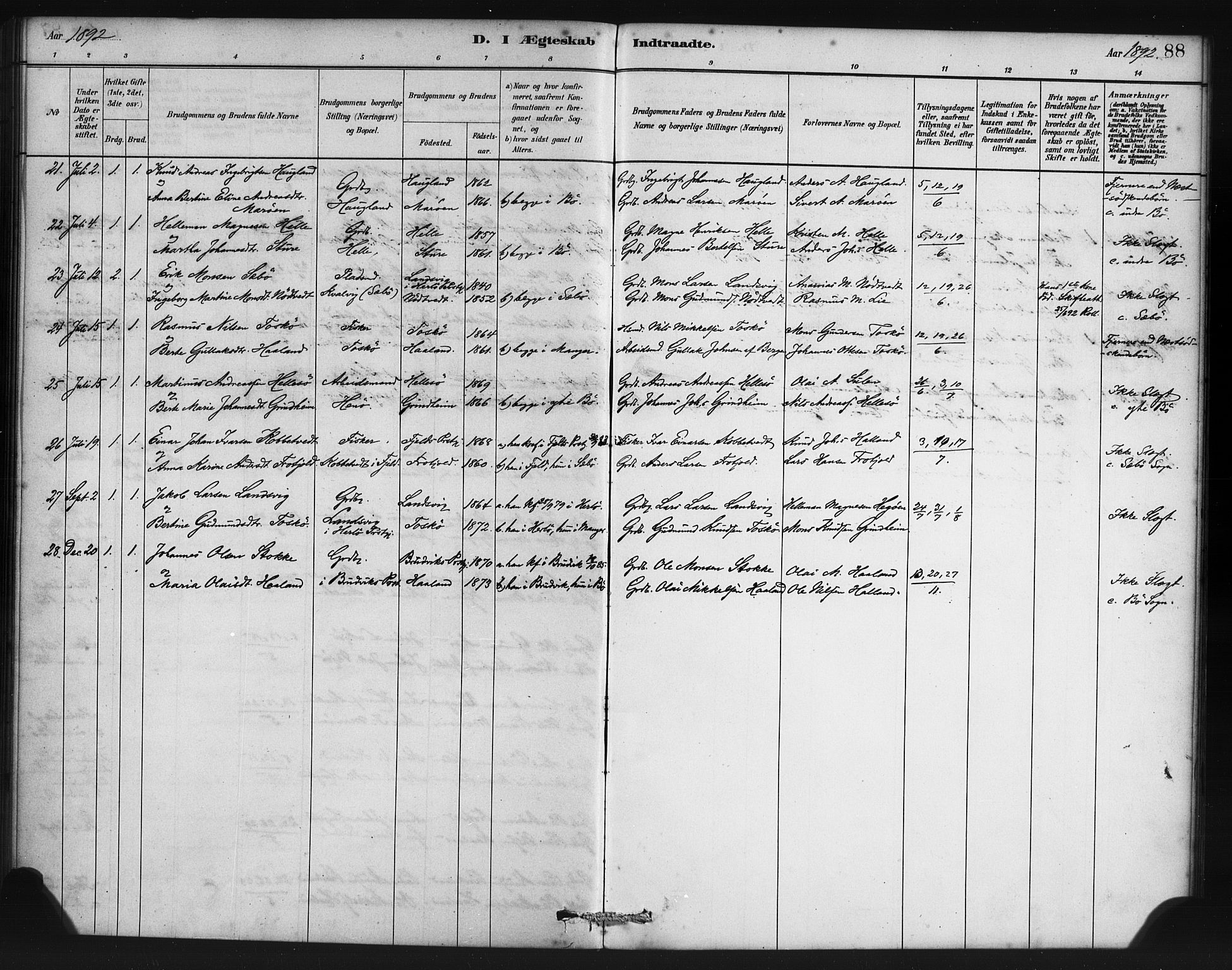 Manger sokneprestembete, AV/SAB-A-76801/H/Haa: Parish register (official) no. B 1, 1881-1892, p. 88