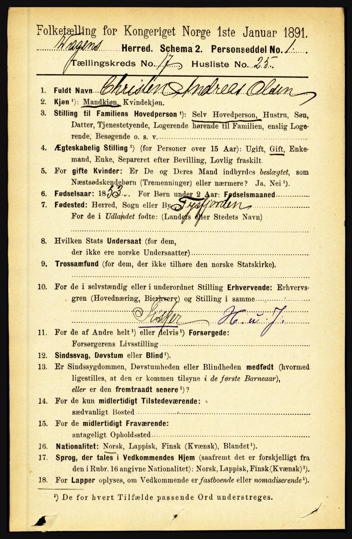 RA, 1891 census for 1865 Vågan, 1891, p. 5064