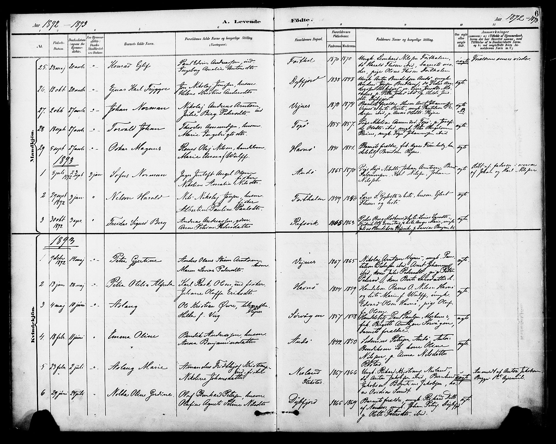 Ministerialprotokoller, klokkerbøker og fødselsregistre - Nordland, SAT/A-1459/886/L1220: Parish register (official) no. 886A02, 1892-1903, p. 6
