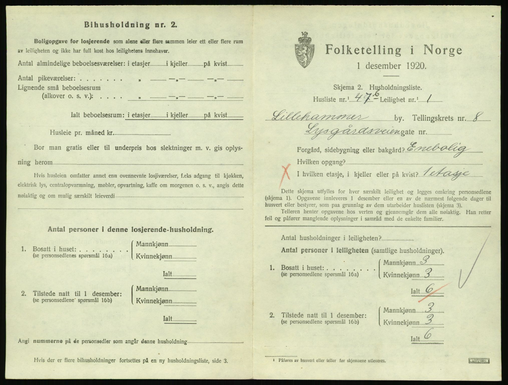 SAH, 1920 census for Lillehammer, 1920, p. 3012