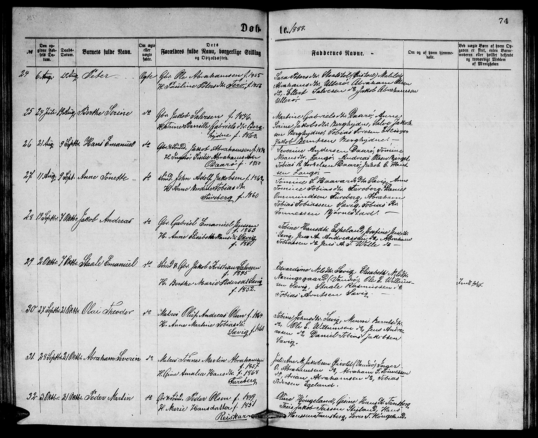 Herad sokneprestkontor, AV/SAK-1111-0018/F/Fb/Fbb/L0003: Parish register (copy) no. B 3, 1872-1889, p. 74