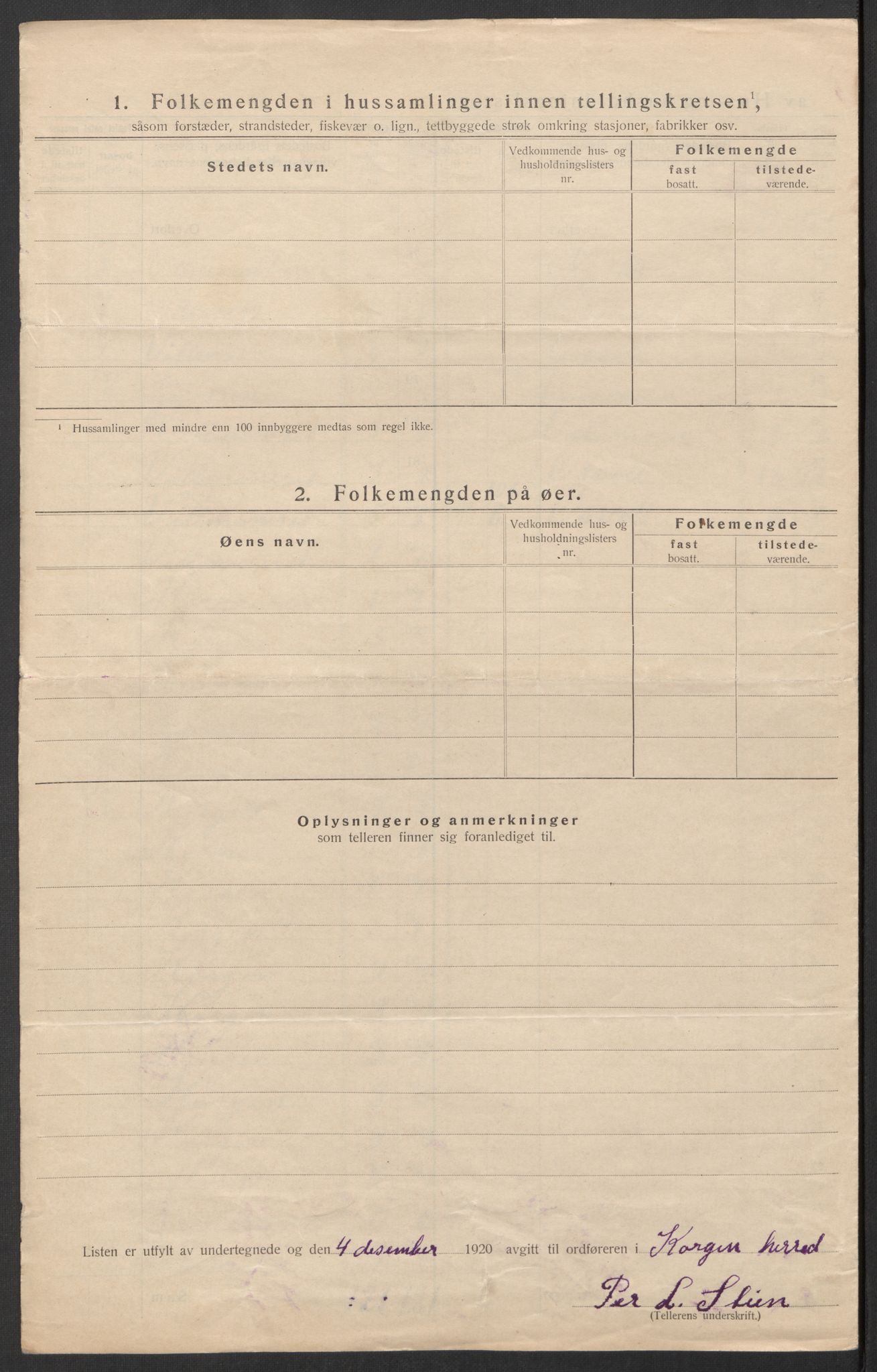 SAT, 1920 census for Korgen, 1920, p. 20