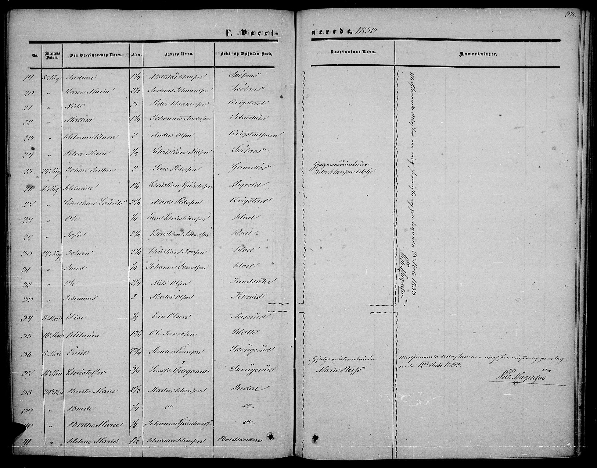 Vestre Toten prestekontor, SAH/PREST-108/H/Ha/Haa/L0005: Parish register (official) no. 5, 1850-1855, p. 374