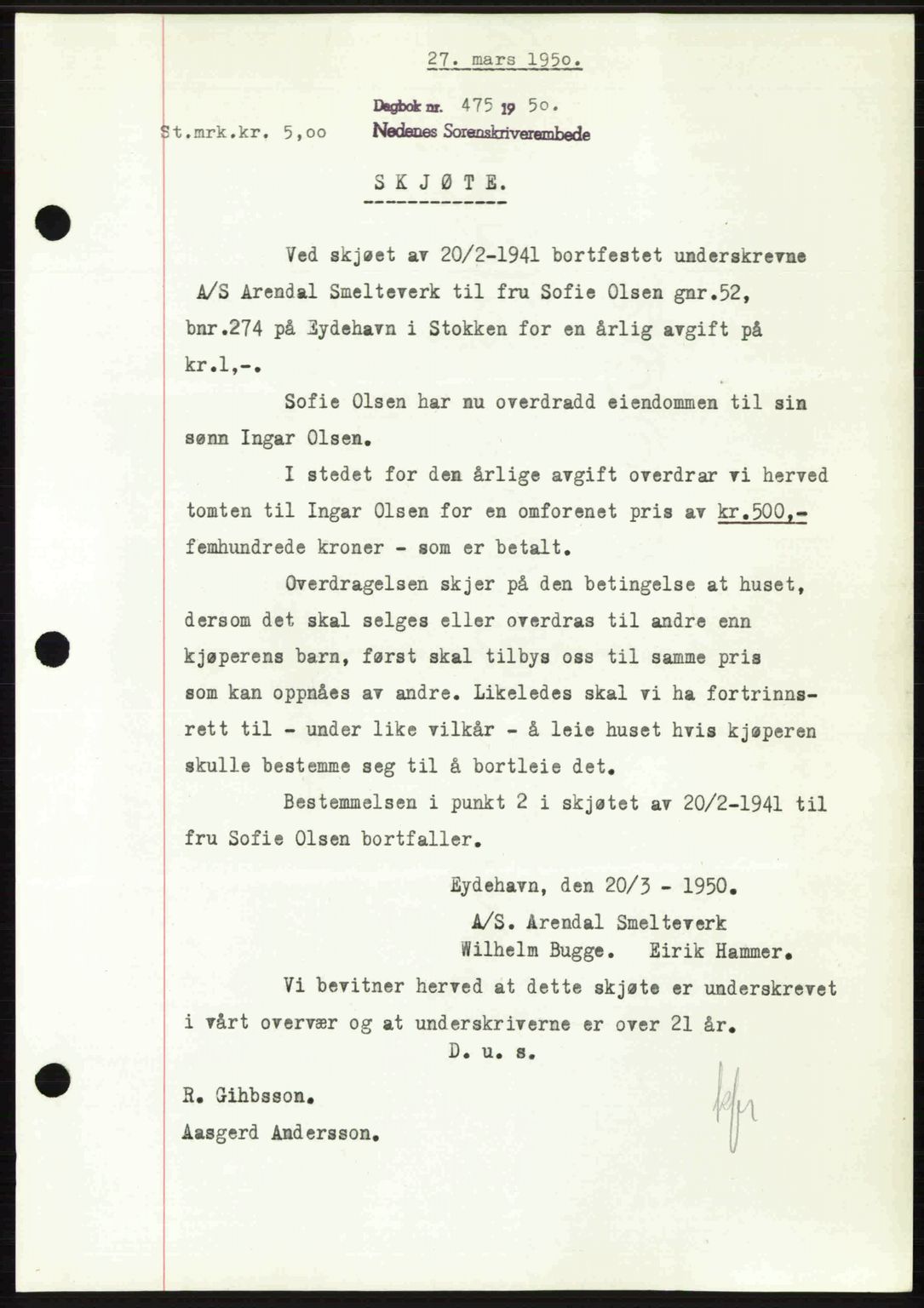 Nedenes sorenskriveri, AV/SAK-1221-0006/G/Gb/Gba/L0062: Mortgage book no. A14, 1949-1950, Diary no: : 475/1950