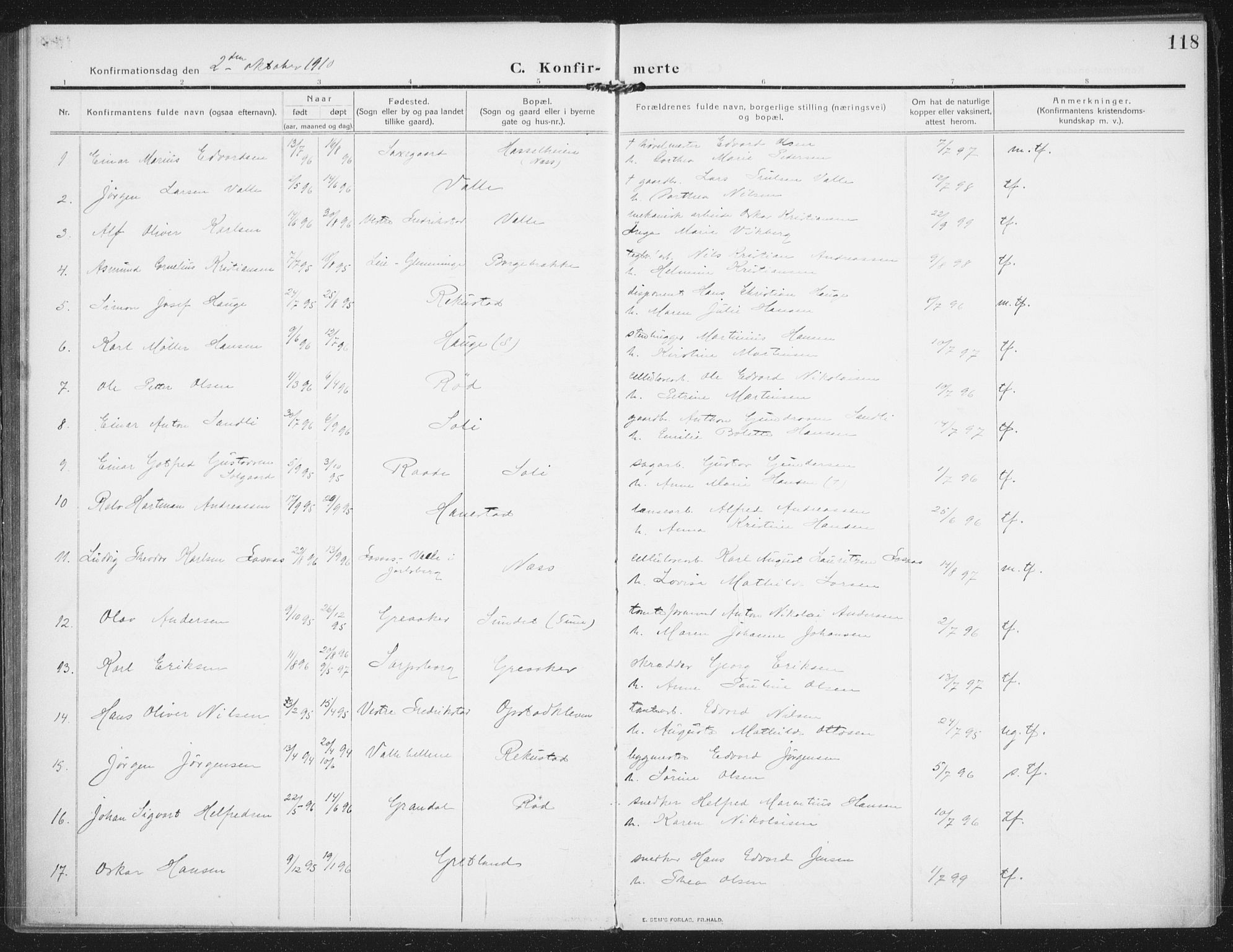 Rolvsøy prestekontor Kirkebøker, AV/SAO-A-2004/F/Fa/L0002: Parish register (official) no. 2, 1909-1917, p. 118