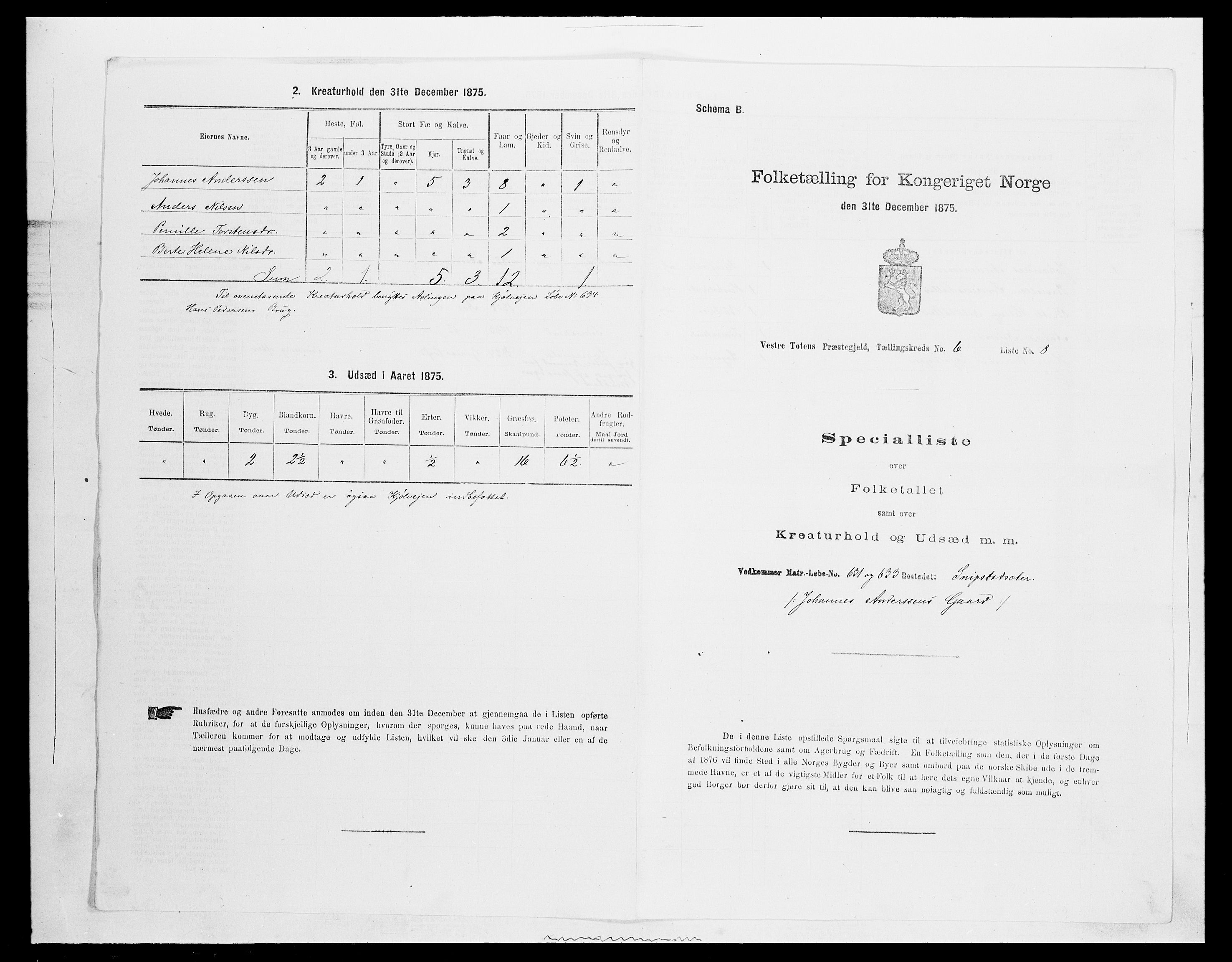 SAH, 1875 census for 0529P Vestre Toten, 1875, p. 1165