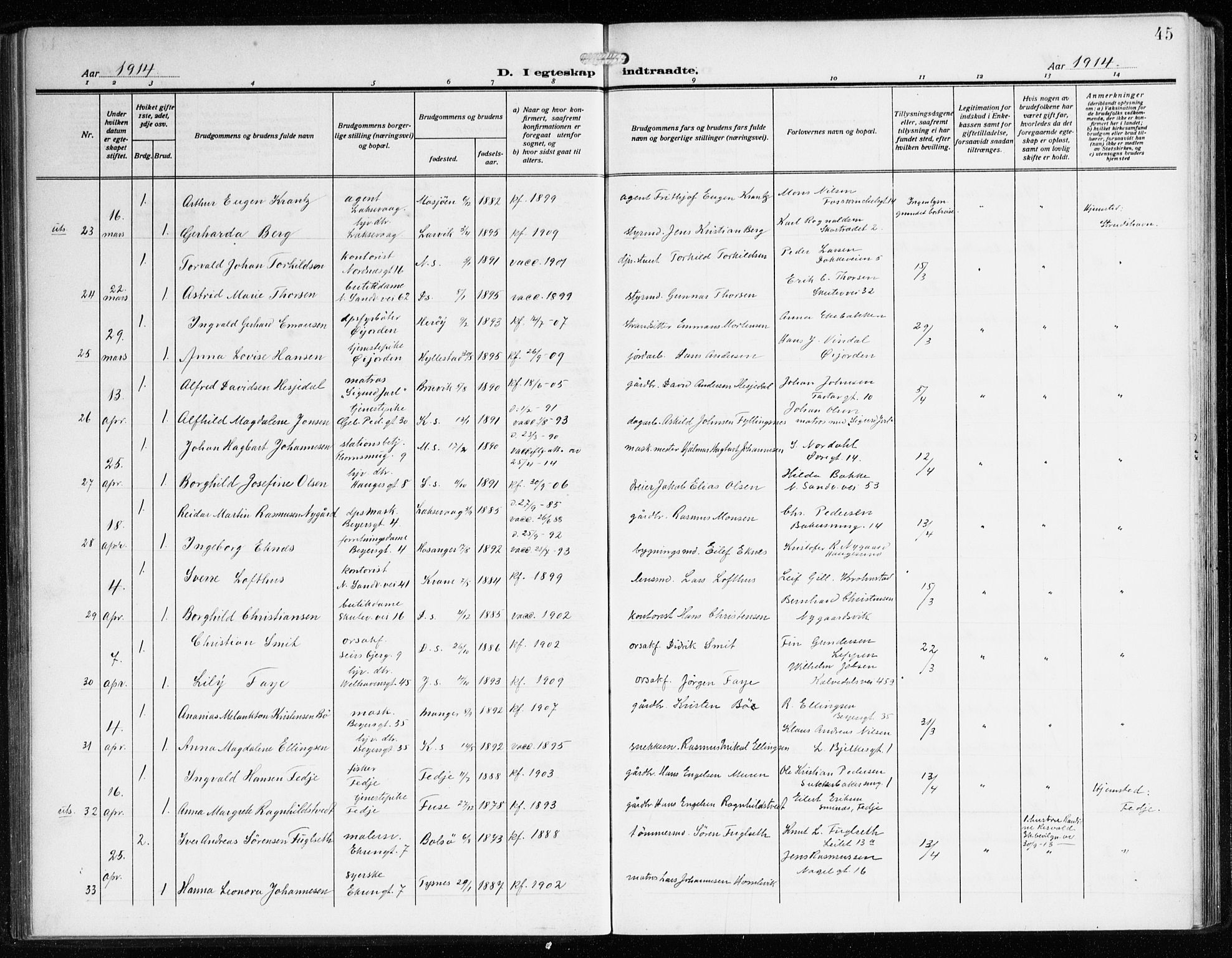 Sandviken Sokneprestembete, AV/SAB-A-77601/H/Ha/L0015: Parish register (official) no. D 2, 1911-1923, p. 45