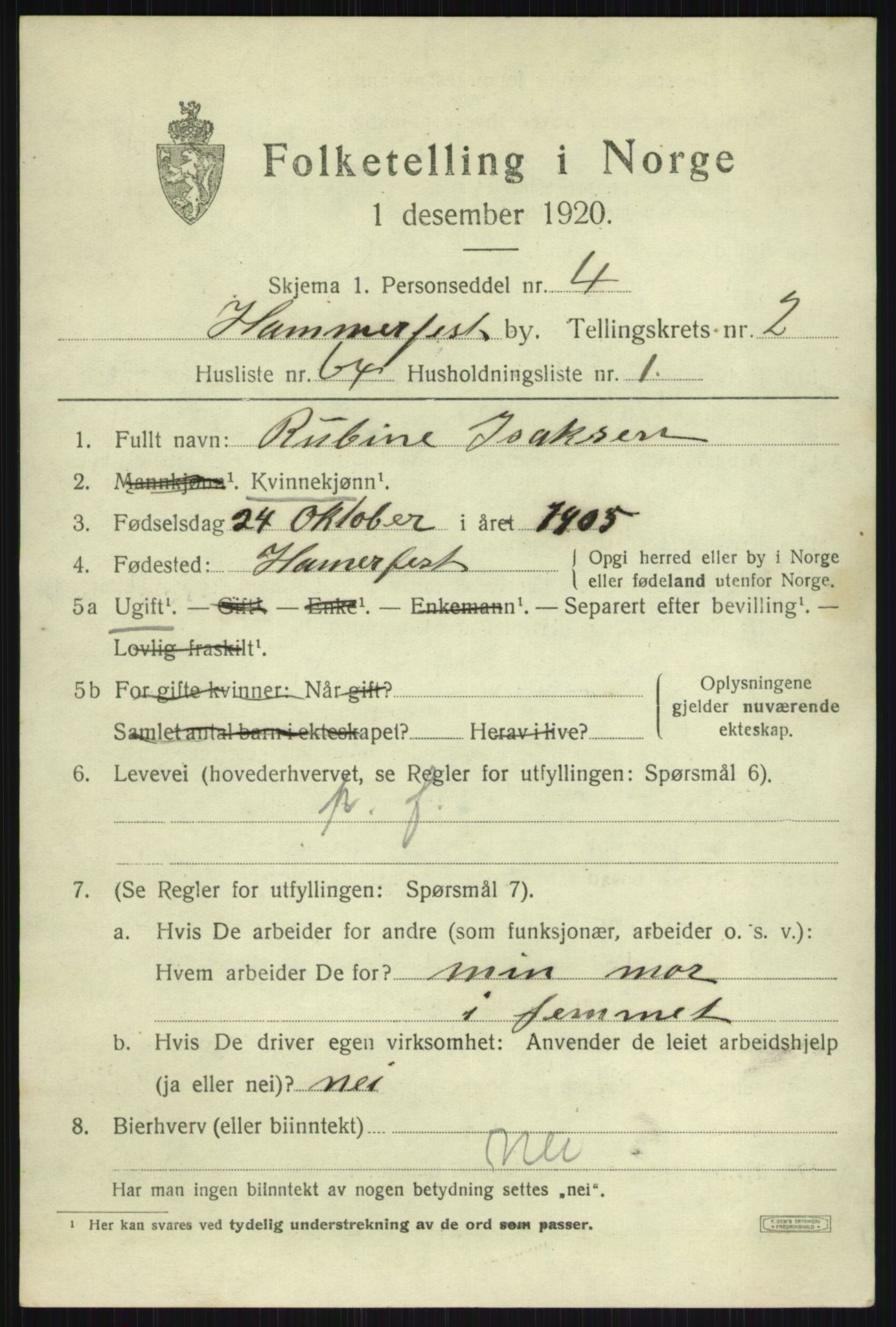 SATØ, 1920 census for Hammerfest, 1920, p. 7389