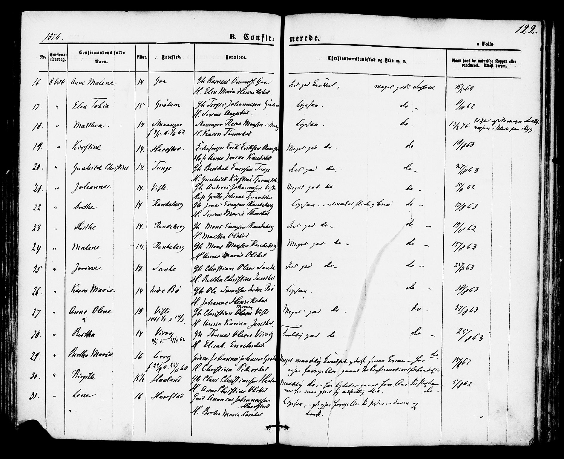 Hetland sokneprestkontor, SAST/A-101826/30/30BA/L0004: Parish register (official) no. A 4, 1862-1881, p. 122