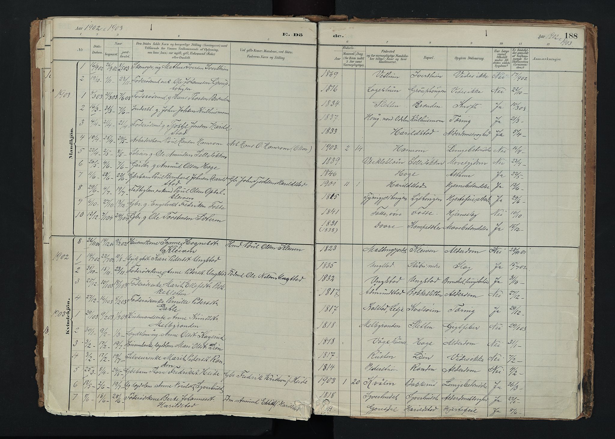 Nord-Fron prestekontor, SAH/PREST-080/H/Ha/Haa/L0005: Parish register (official) no. 5, 1884-1914, p. 188