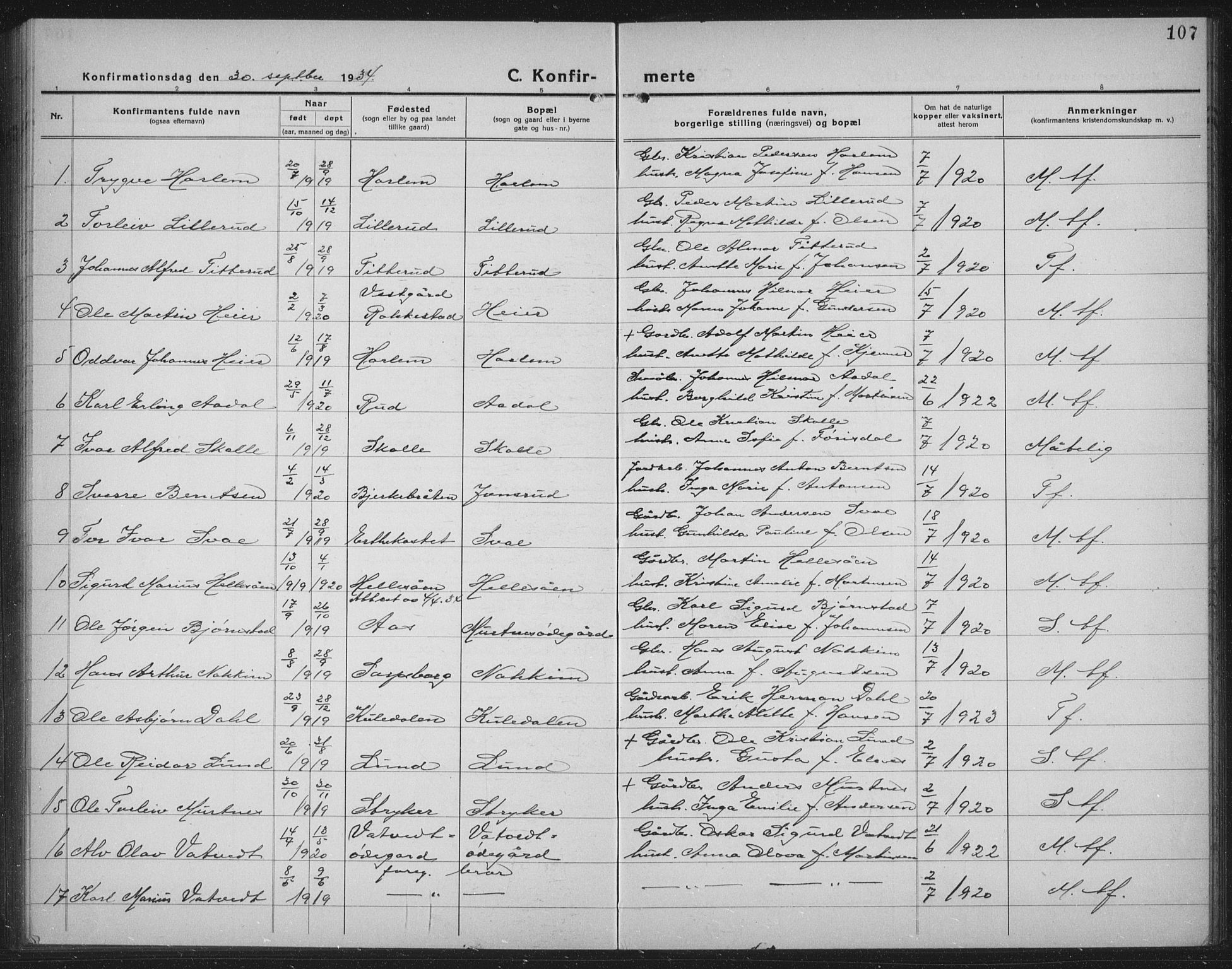 Rakkestad prestekontor Kirkebøker, AV/SAO-A-2008/G/Gb/L0003: Parish register (copy) no. II 3, 1920-1941, p. 107