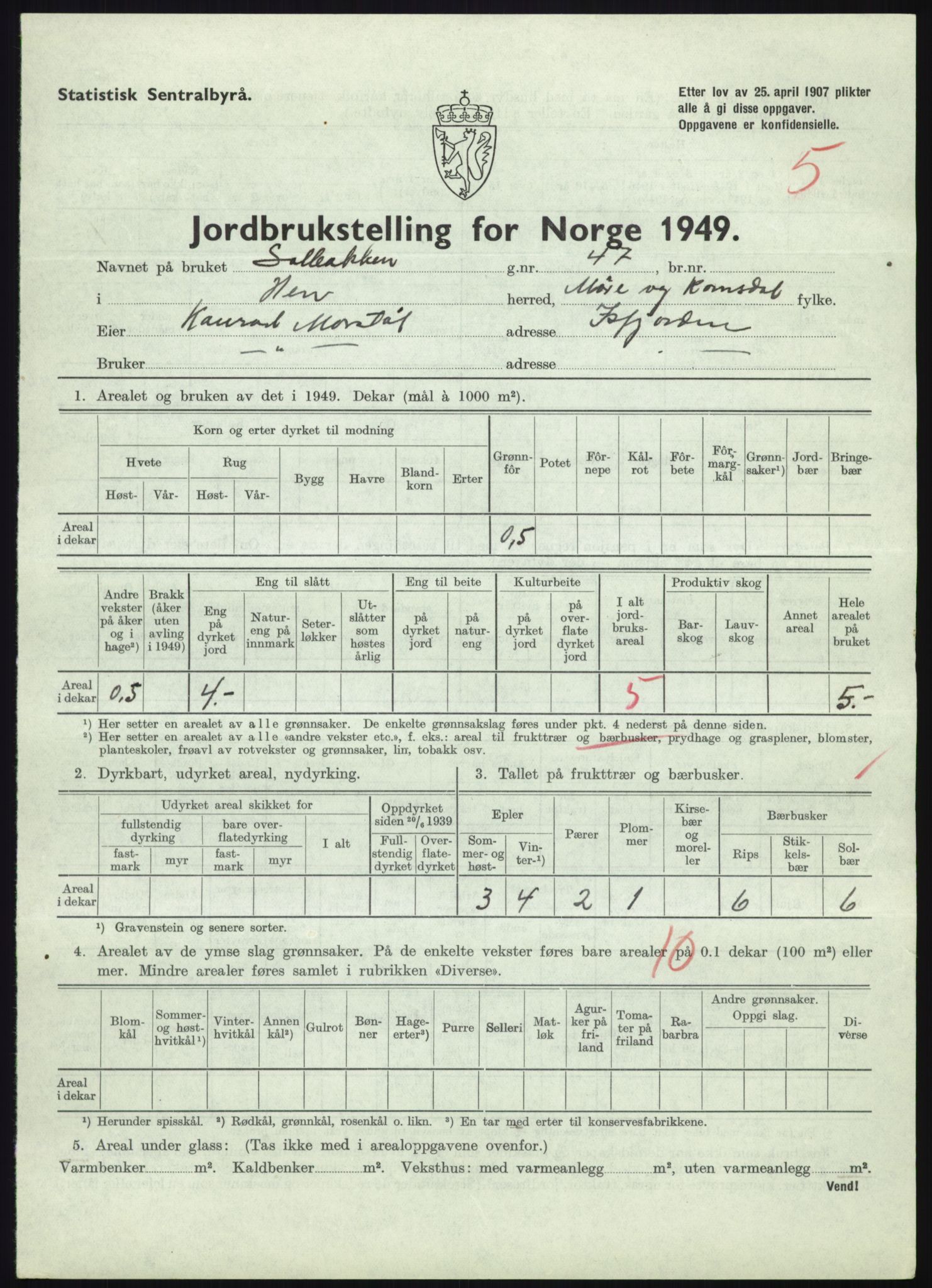 Statistisk sentralbyrå, Næringsøkonomiske emner, Jordbruk, skogbruk, jakt, fiske og fangst, AV/RA-S-2234/G/Gc/L0323: Møre og Romsdal: Grytten og Hen, 1949, p. 501