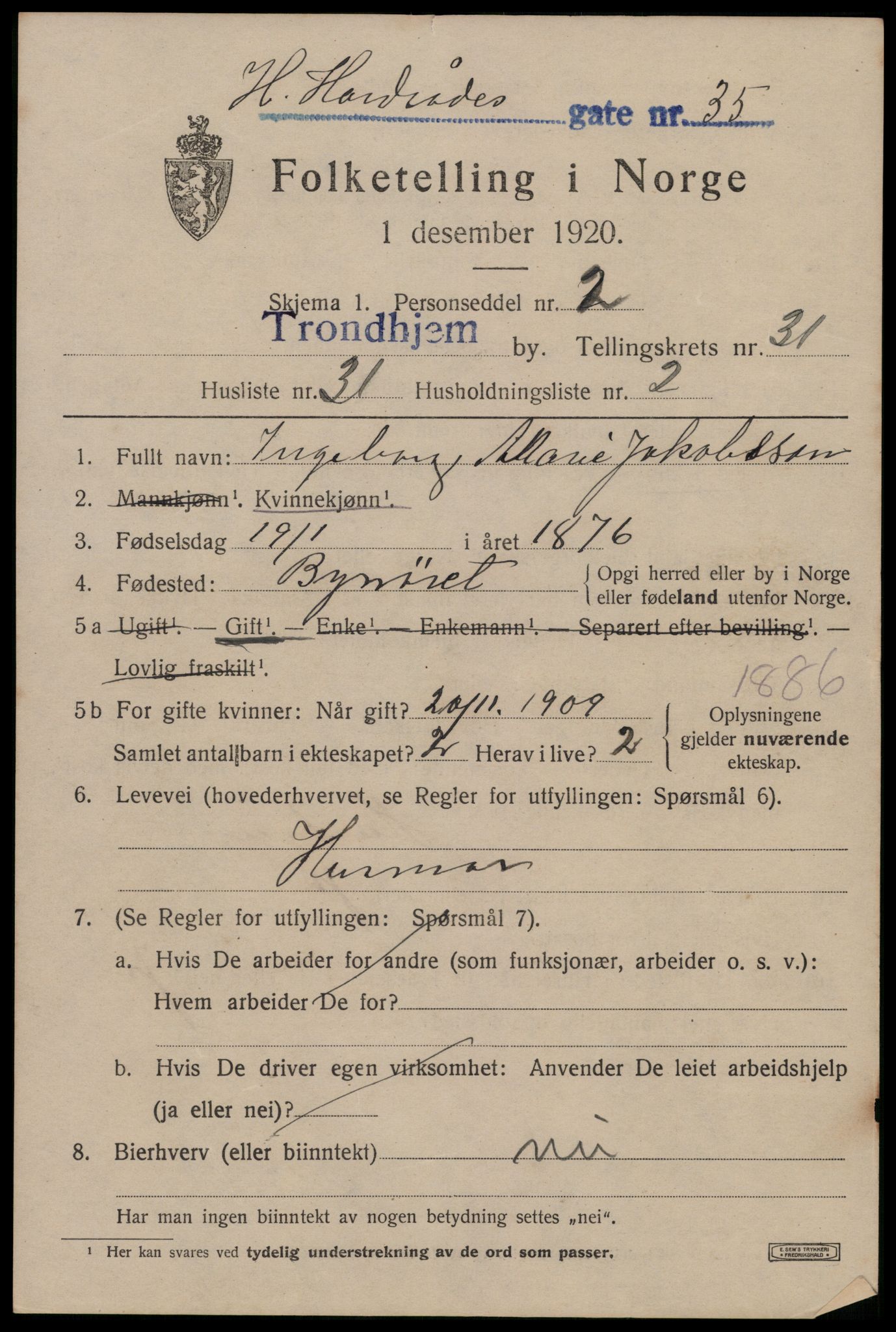 SAT, 1920 census for Trondheim, 1920, p. 77190