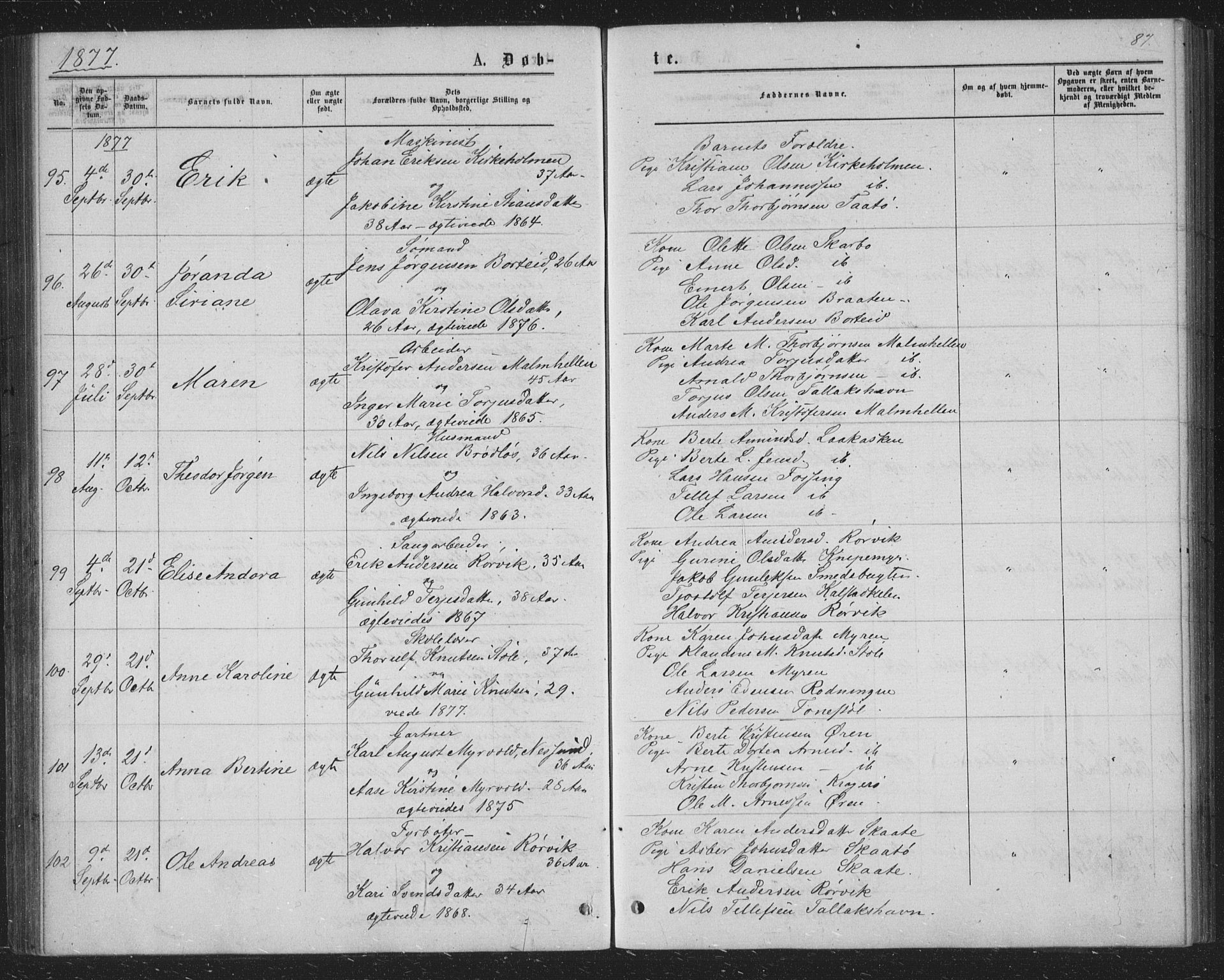 Skåtøy kirkebøker, AV/SAKO-A-304/G/Ga/L0002: Parish register (copy) no. I 2, 1872-1884, p. 87