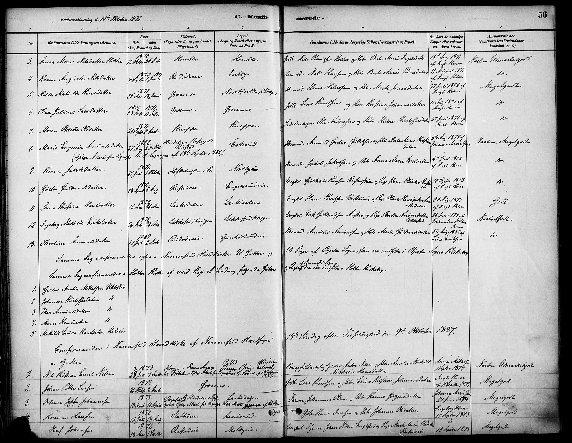 Nannestad prestekontor Kirkebøker, SAO/A-10414a/F/Fa/L0014: Parish register (official) no. I 14, 1881-1890, p. 56