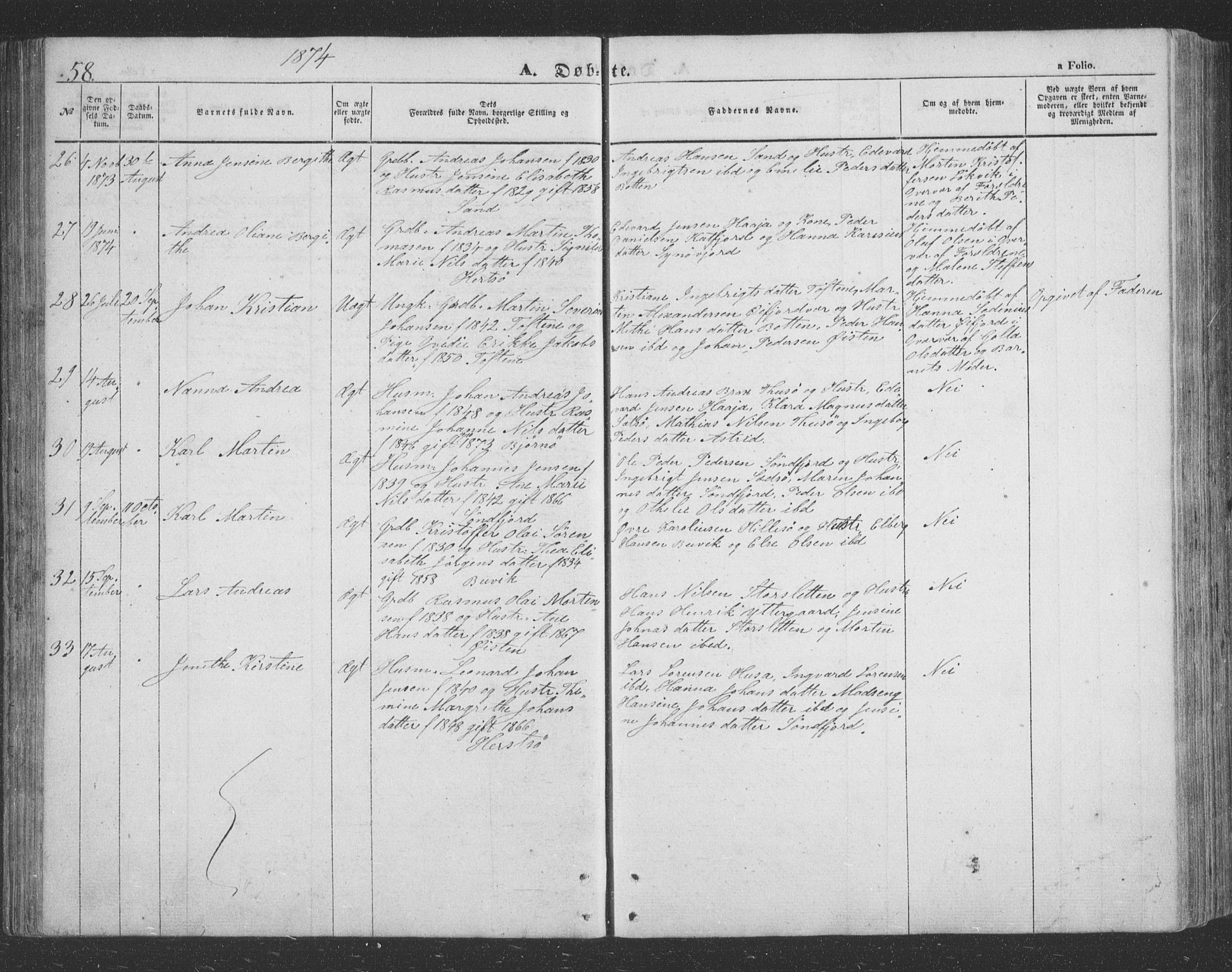 Lenvik sokneprestembete, SATØ/S-1310/H/Ha/Hab/L0020klokker: Parish register (copy) no. 20, 1855-1883, p. 58