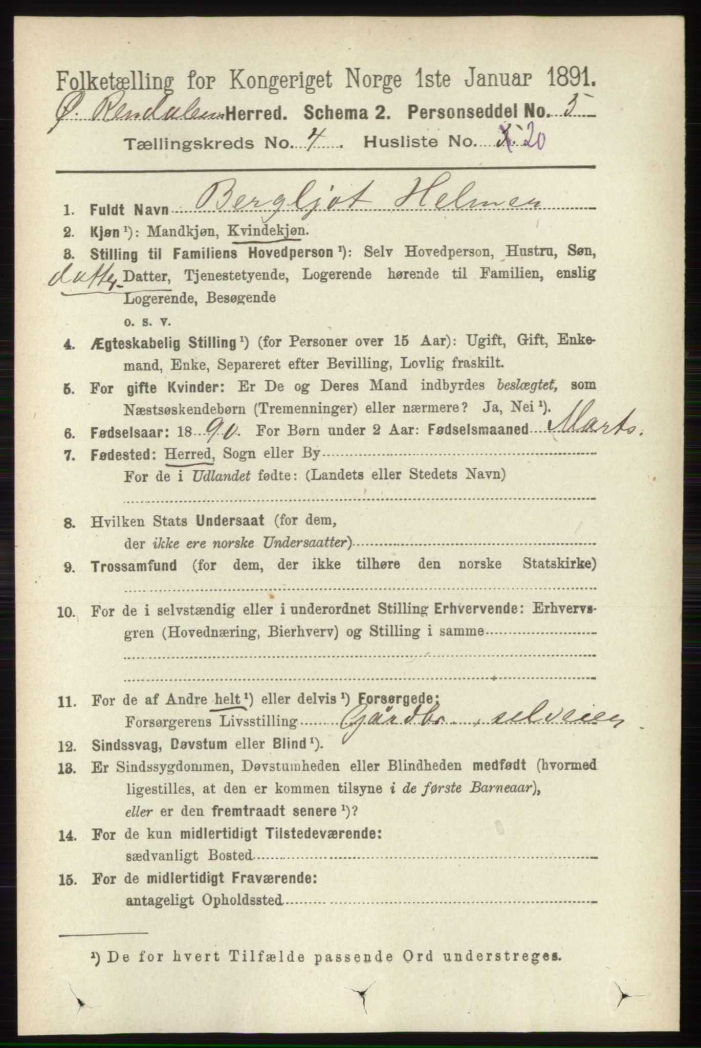 RA, 1891 census for 0433 Øvre Rendal, 1891, p. 1083