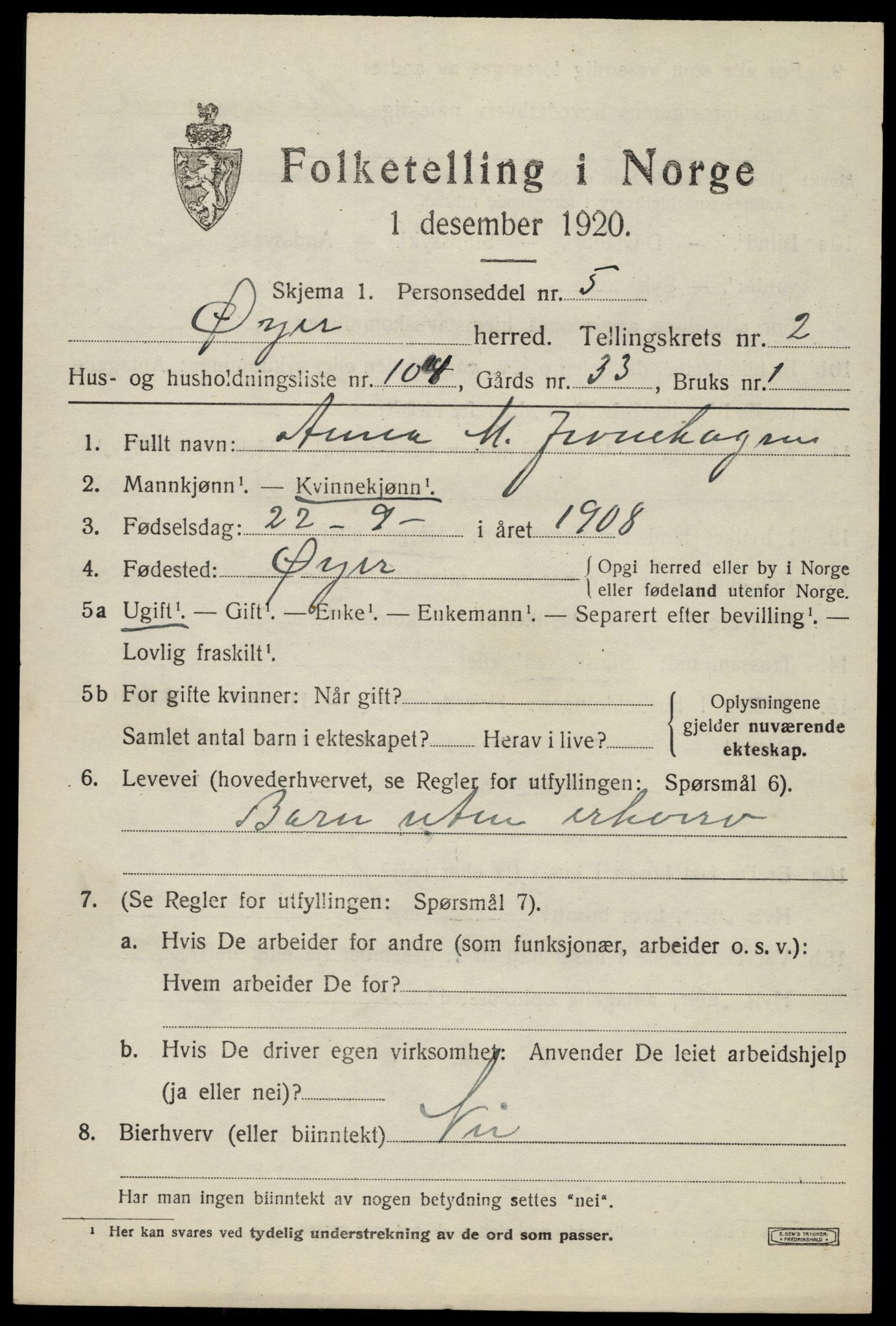 SAH, 1920 census for Øyer, 1920, p. 3279