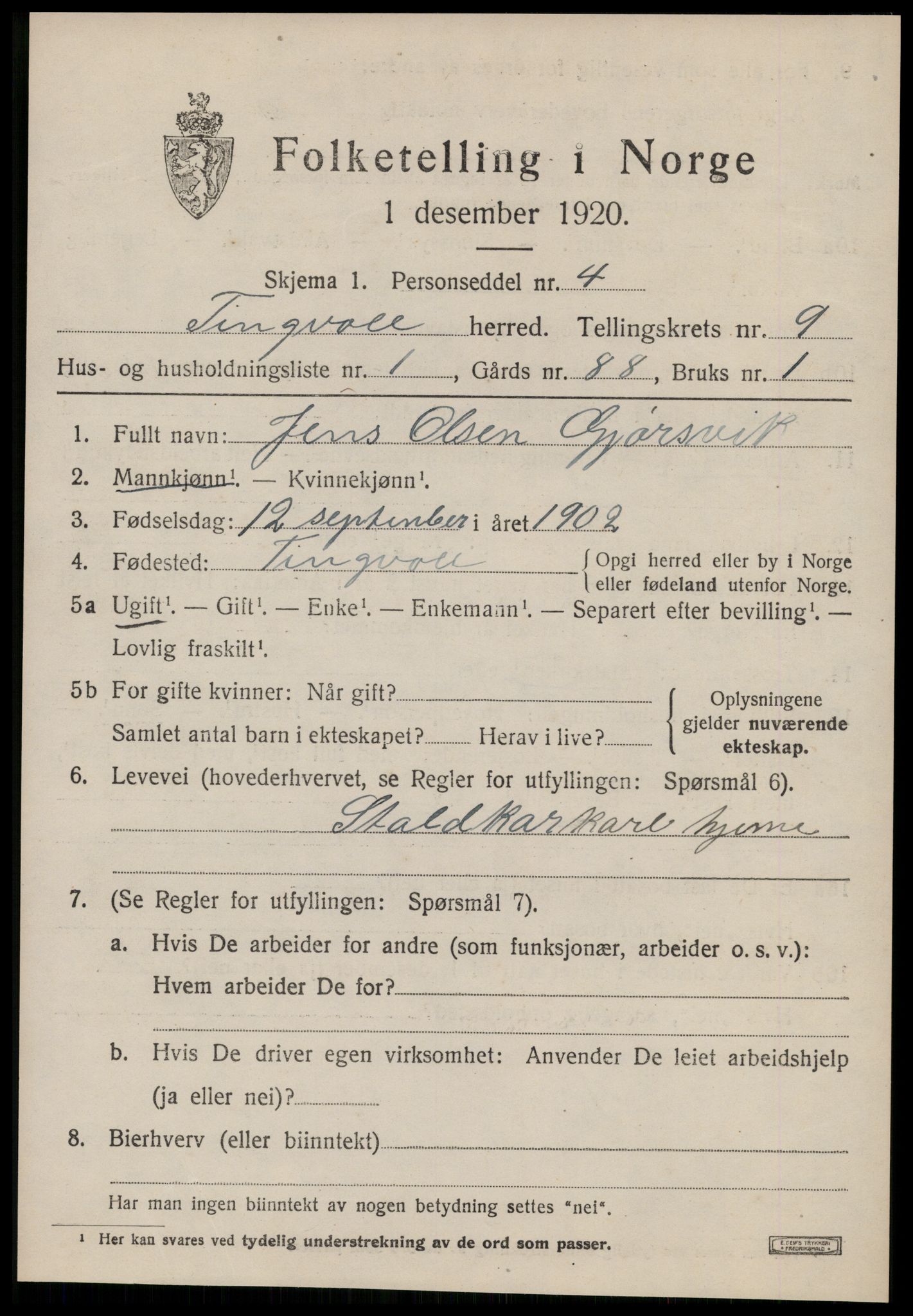 SAT, 1920 census for Tingvoll, 1920, p. 5100