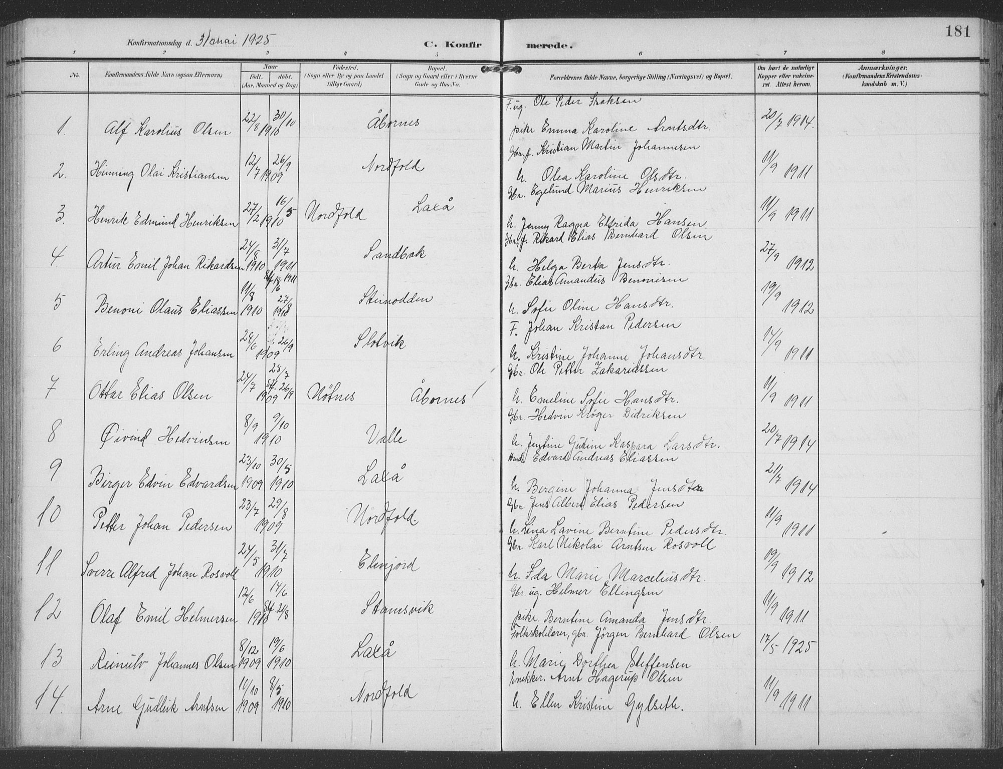 Ministerialprotokoller, klokkerbøker og fødselsregistre - Nordland, AV/SAT-A-1459/858/L0835: Parish register (copy) no. 858C02, 1904-1940, p. 181