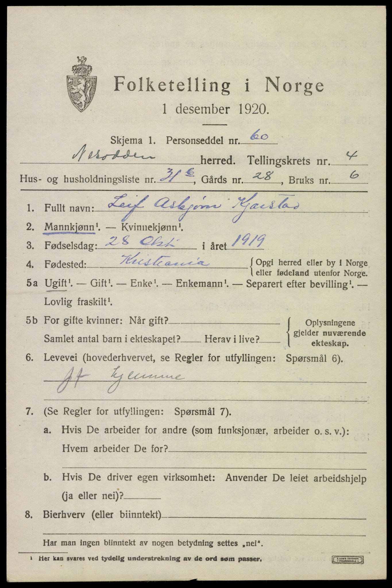 SAO, 1920 census for Nesodden, 1920, p. 4521