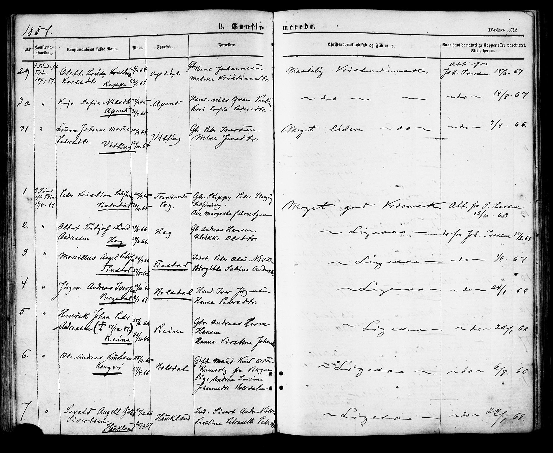 Ministerialprotokoller, klokkerbøker og fødselsregistre - Nordland, AV/SAT-A-1459/881/L1166: Parish register (copy) no. 881C03, 1876-1885, p. 121