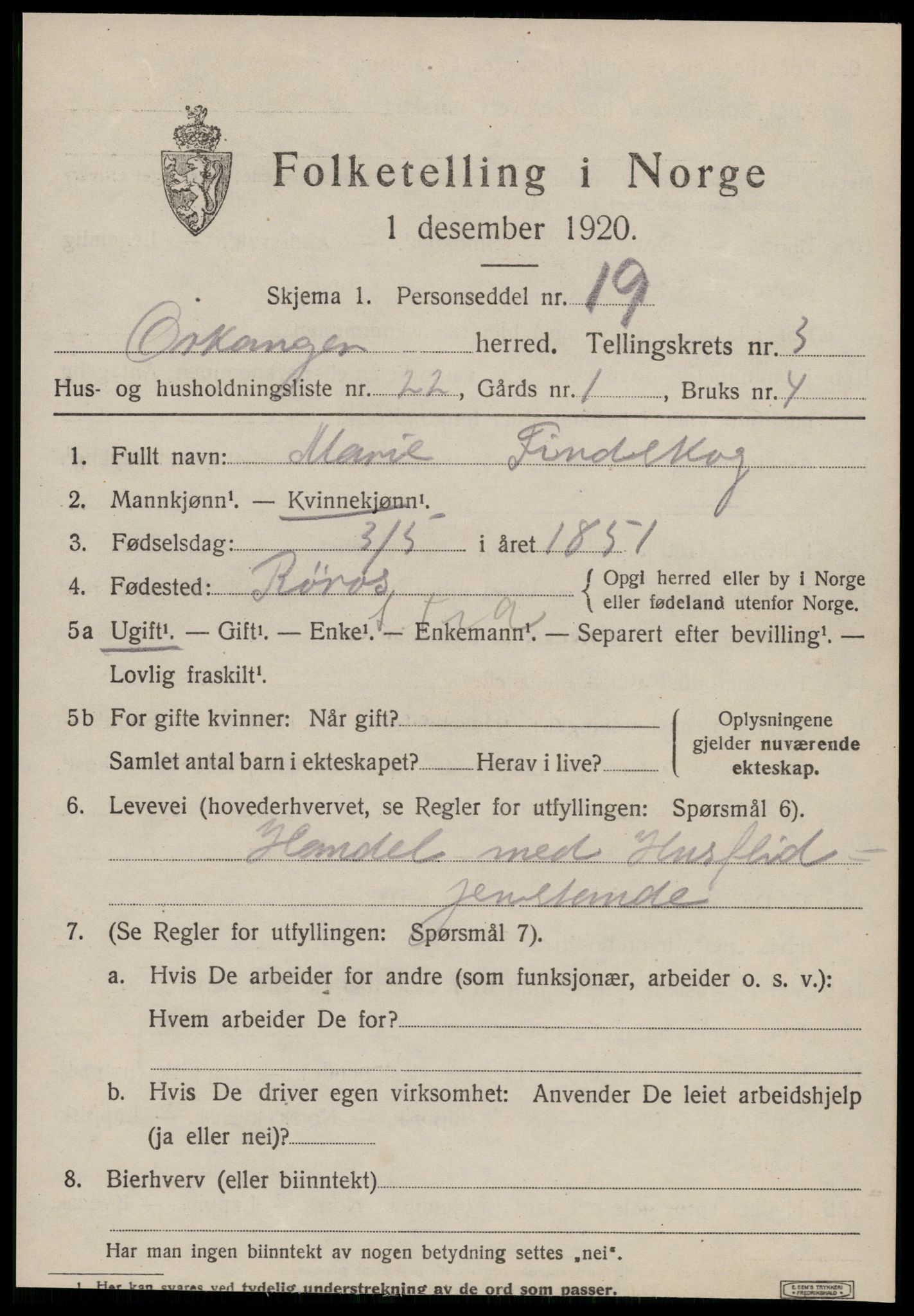 SAT, 1920 census for Orkanger, 1920, p. 2109