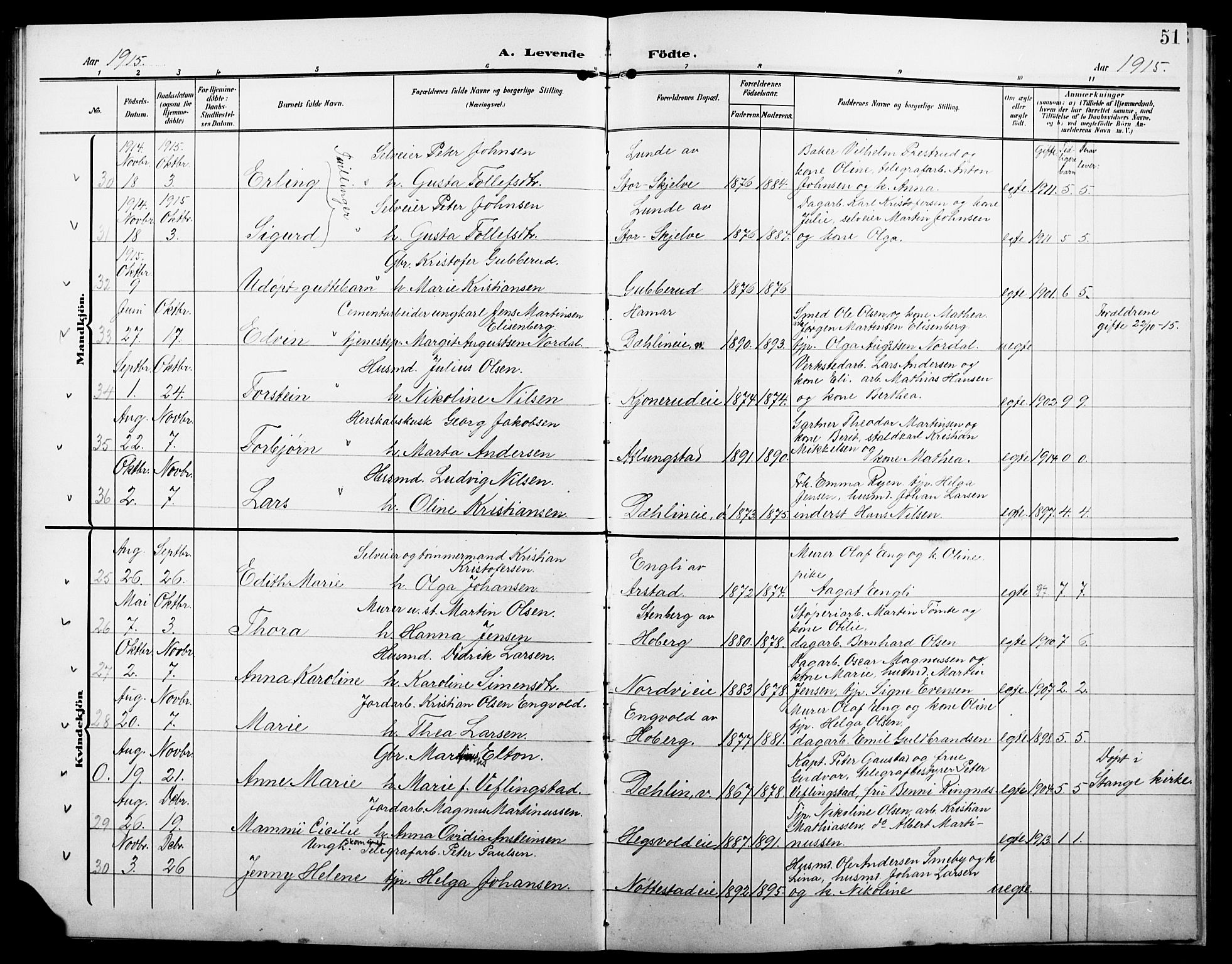 Stange prestekontor, SAH/PREST-002/L/L0013: Parish register (copy) no. 13, 1906-1915, p. 51