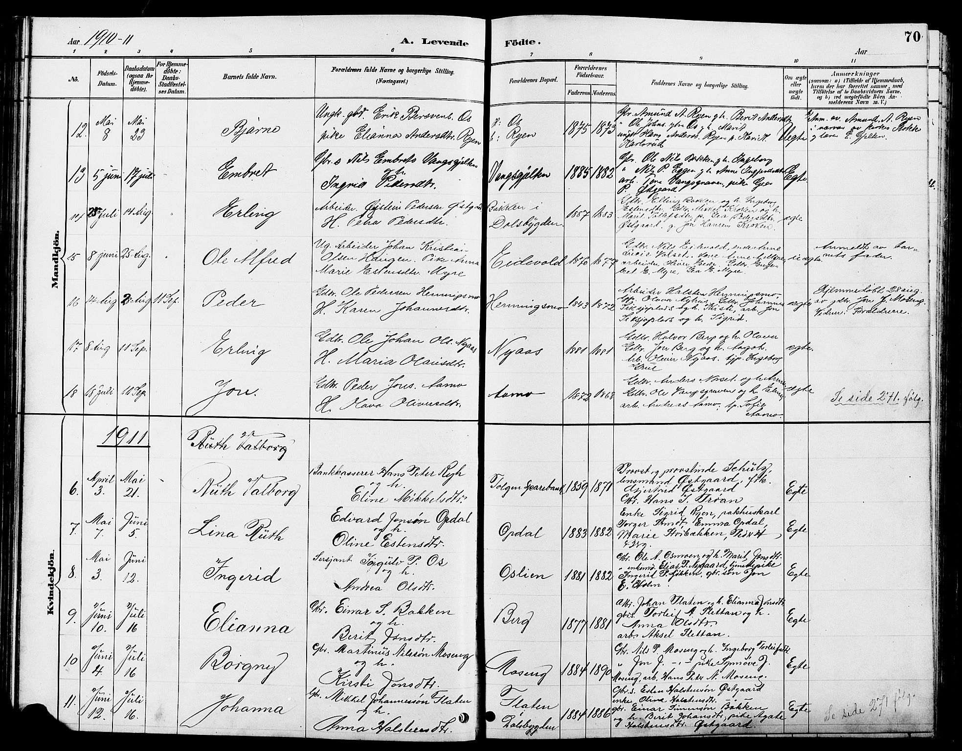 Tolga prestekontor, AV/SAH-PREST-062/L/L0008: Parish register (copy) no. 8, 1887-1912, p. 70