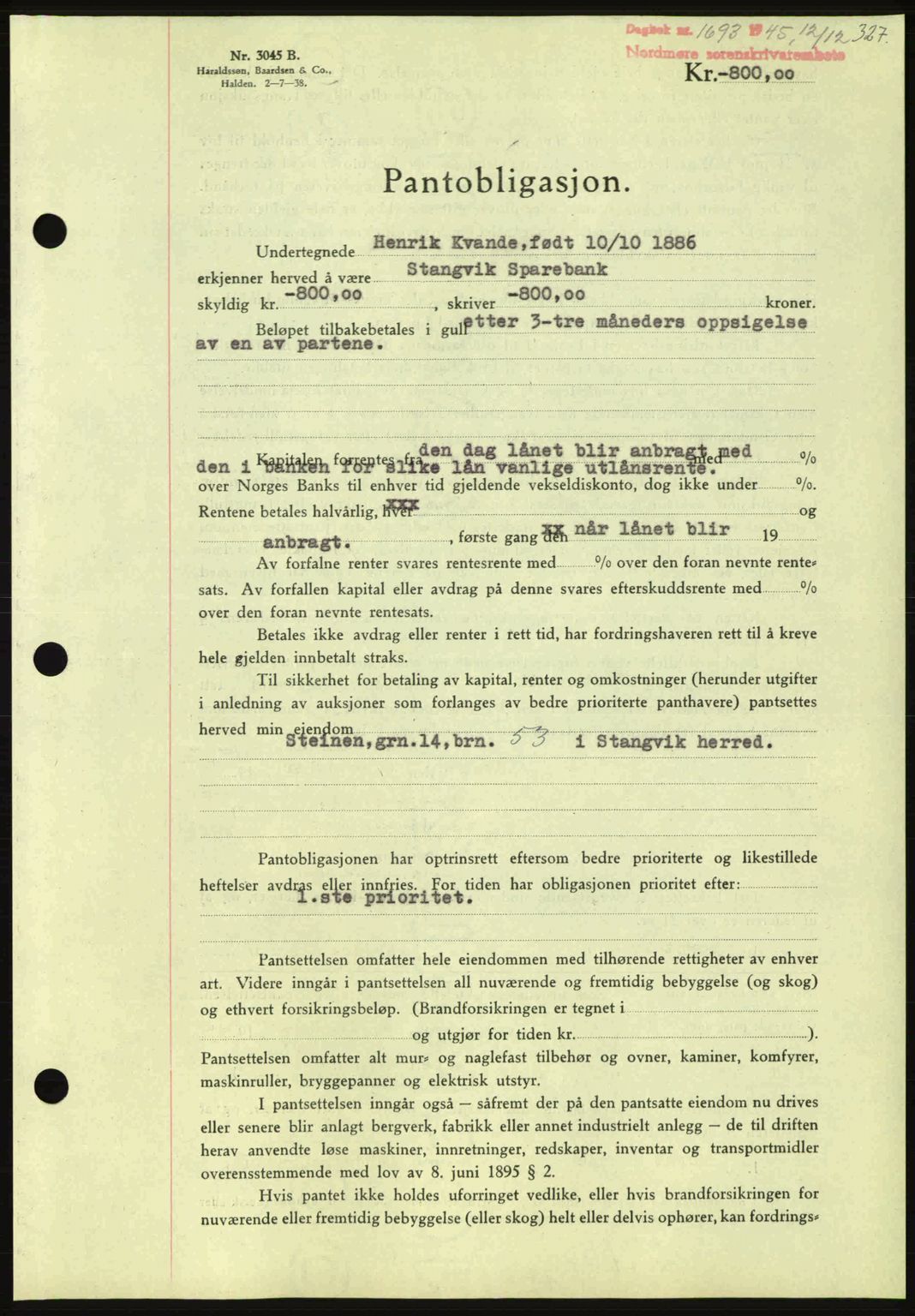 Nordmøre sorenskriveri, AV/SAT-A-4132/1/2/2Ca: Mortgage book no. B93a, 1945-1945, Diary no: : 1693/1945