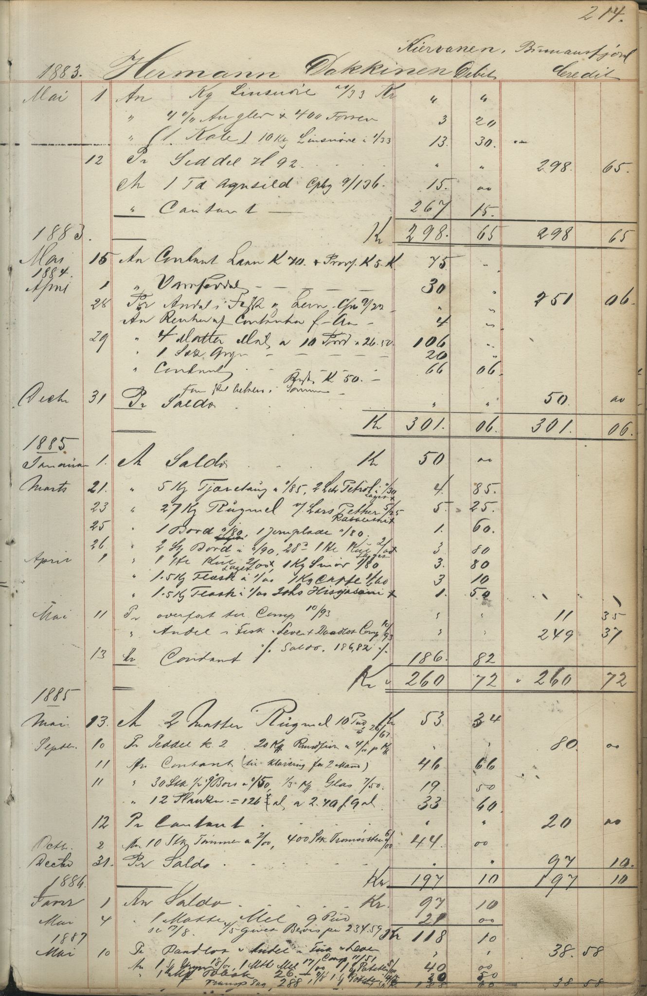 Brodtkorb handel A/S, VAMU/A-0001/F/Fc/L0001/0001: Konto for kvener og nordmenn på Kolahalvøya  / Conto for Kvæner og Nordmænd paa Russefinmarken No 1, 1868-1894, p. 214