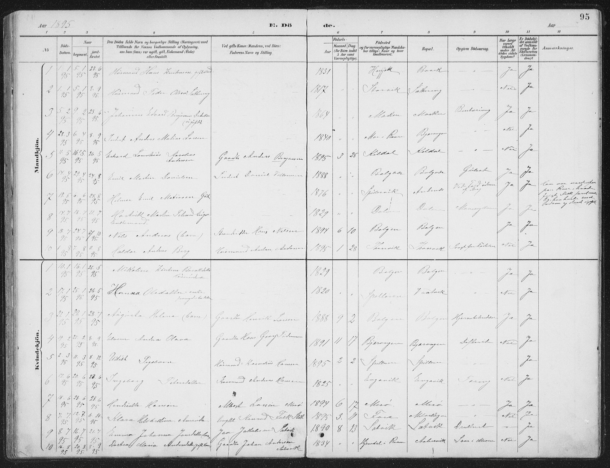 Ministerialprotokoller, klokkerbøker og fødselsregistre - Nordland, SAT/A-1459/843/L0638: Parish register (copy) no. 843C07, 1888-1907, p. 95