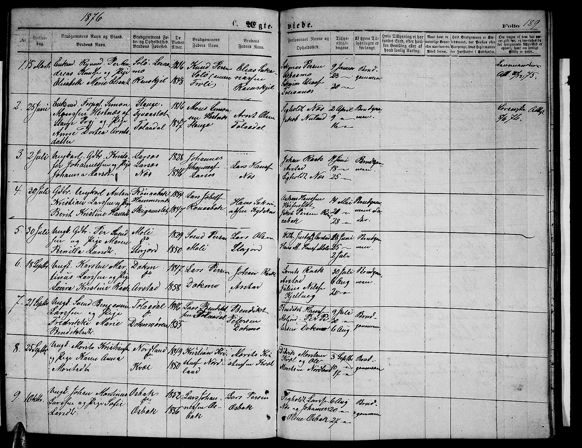 Ministerialprotokoller, klokkerbøker og fødselsregistre - Nordland, SAT/A-1459/846/L0653: Parish register (copy) no. 846C03, 1872-1887, p. 189
