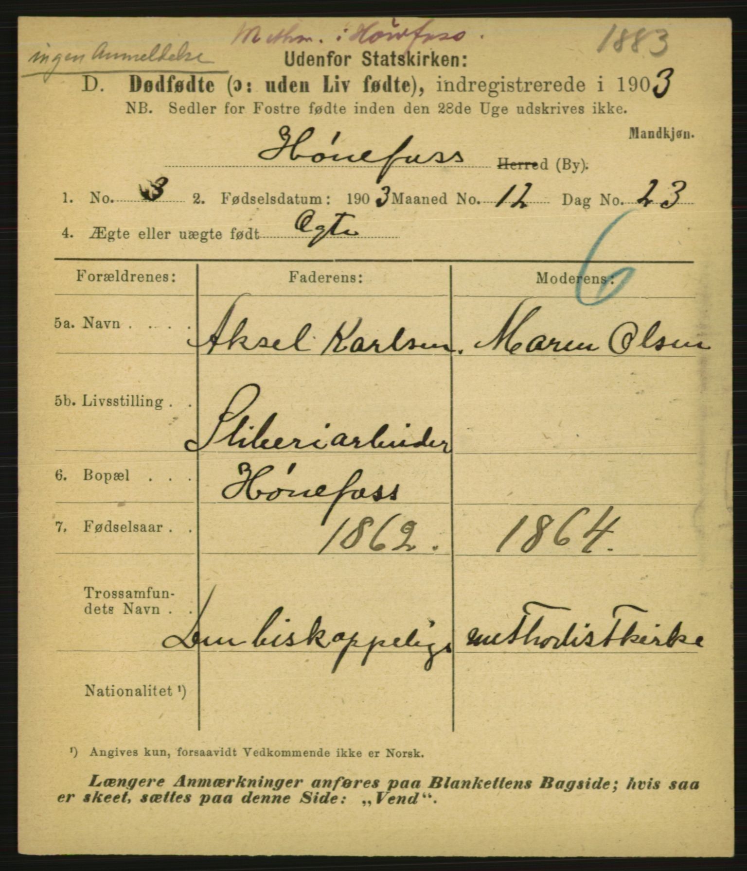 Statistisk sentralbyrå, Sosiodemografiske emner, Befolkning, AV/RA-S-2228/E/L0001: Fødte, gifte, døde dissentere., 1903, p. 3177