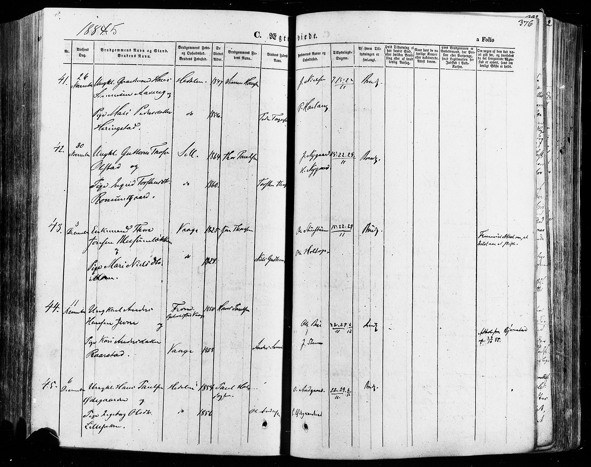 Vågå prestekontor, SAH/PREST-076/H/Ha/Haa/L0007: Parish register (official) no. 7 /1, 1872-1886, p. 376